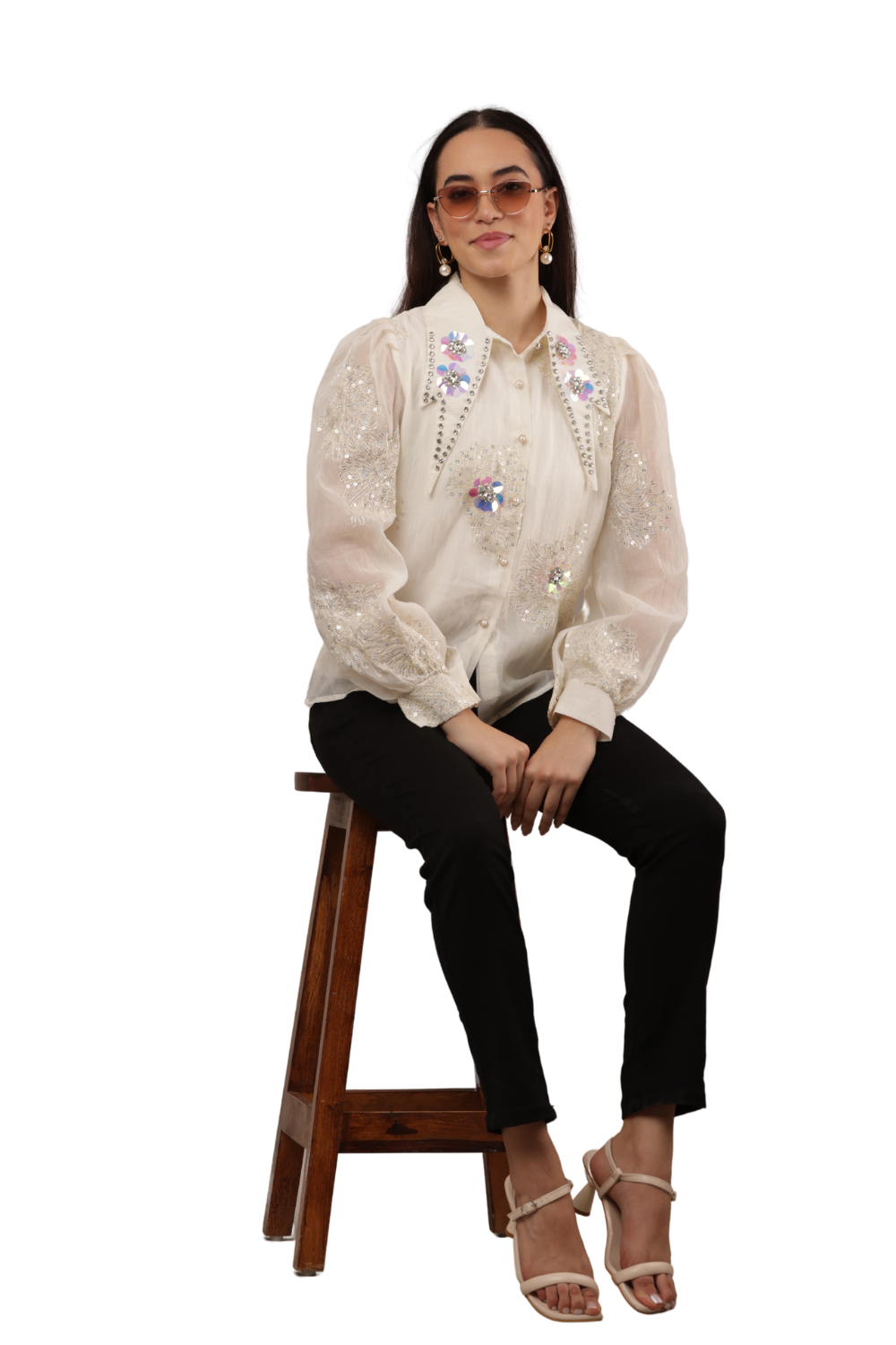 Embroidered Sheer Shirt with Floral Sequins Free Size – Korean Fashion