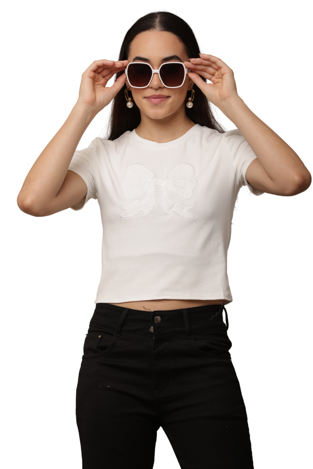 Bow Embroidered Crop Top Free Size – Korean T-Shirts for Women  | Korean Fashion Tee