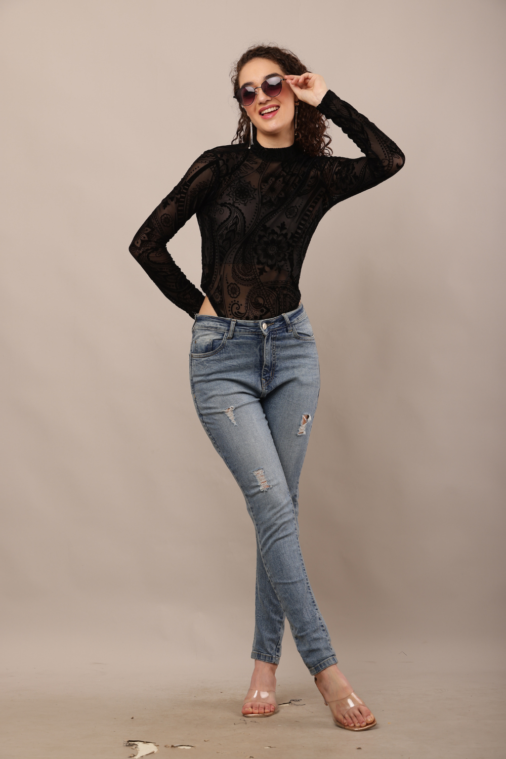 Korean Fashion Sheer Lace Long Sleeve Bodysuit for Women