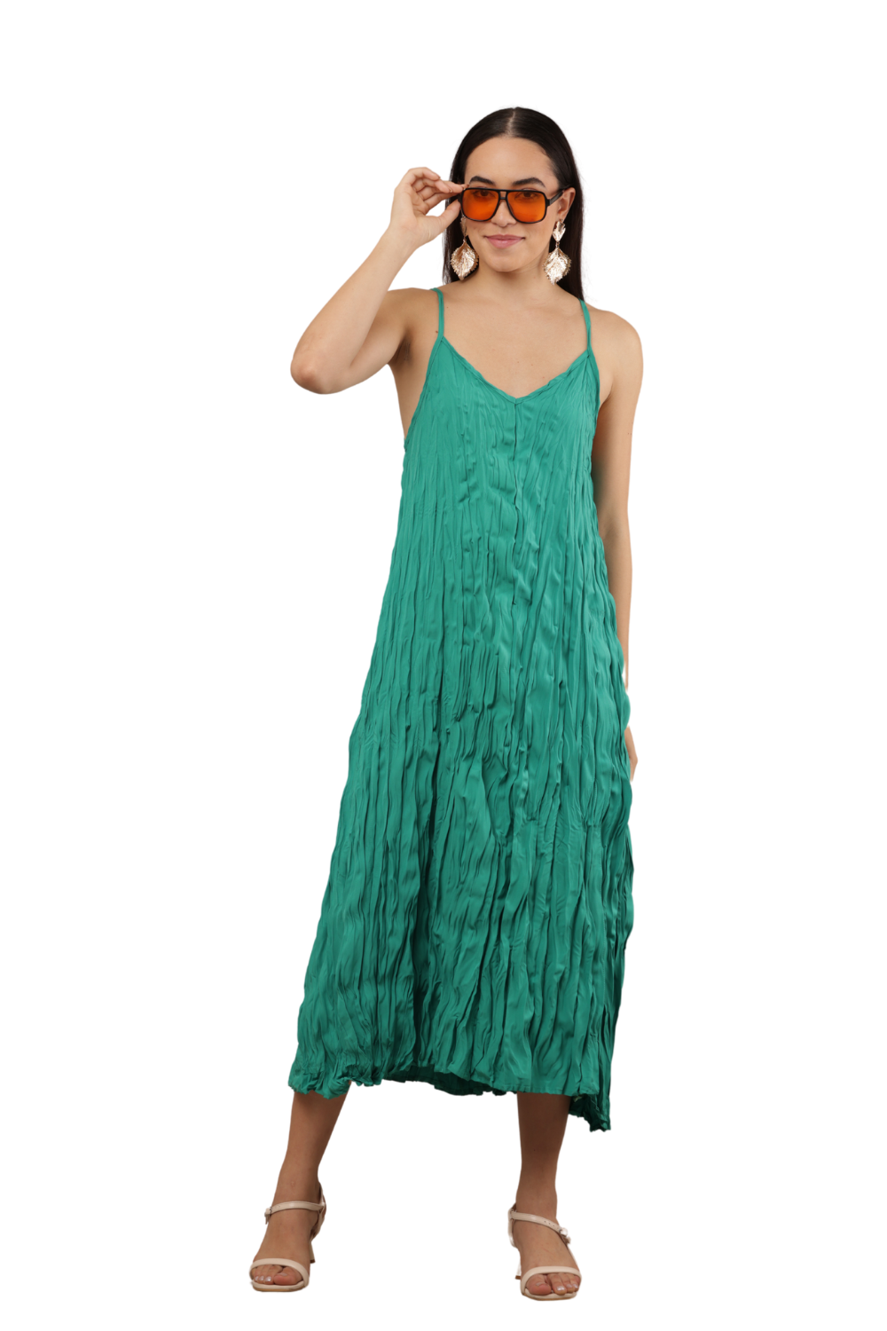 Korean Fashion Crinkled Spaghetti Strap Midi Dress Free Size – Teal | Korean Clothes
