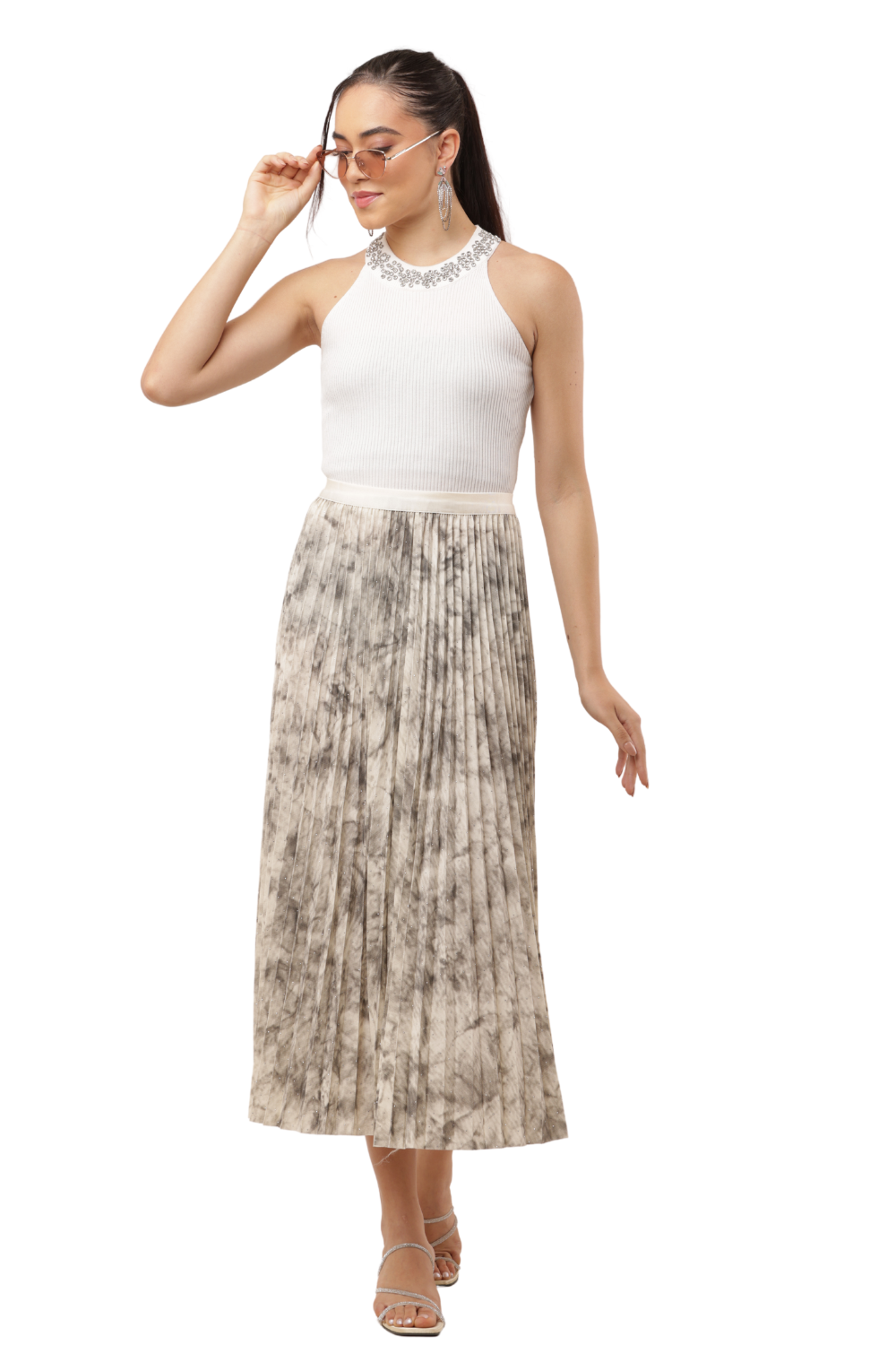 Elegant Pleated Midi Skirt with Tie-Dye Effect – Flowy & Chic
