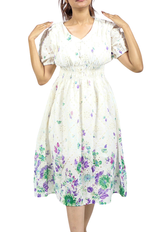 Korean Style Multi-Colour Floral Dress with Puff Sleeves | Elegant Summer Dress