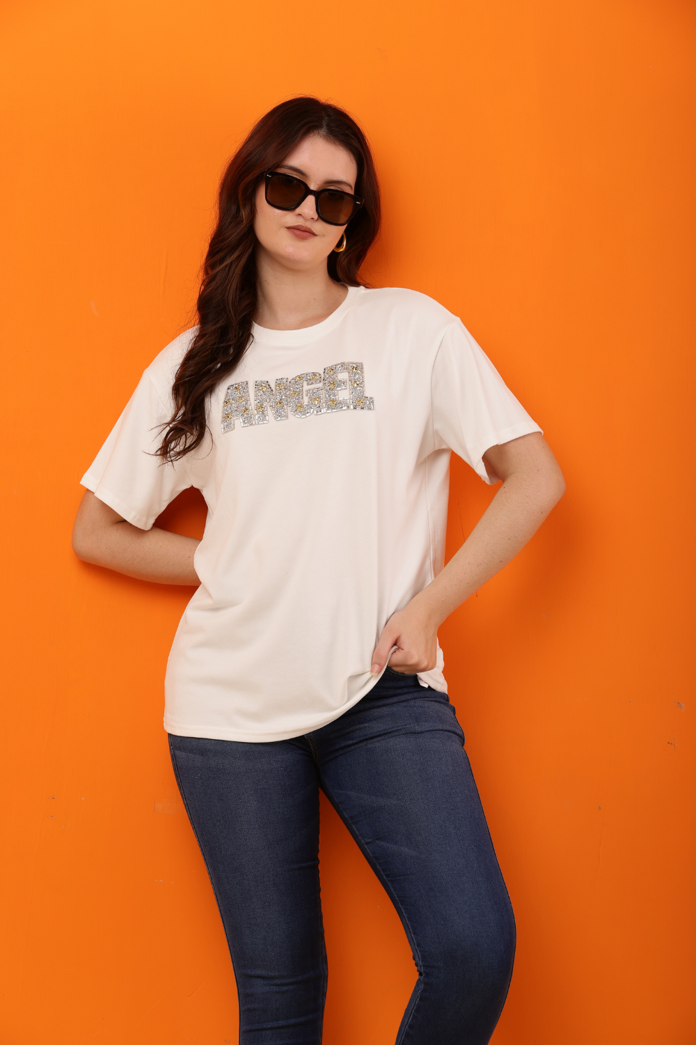 Korean Fashion White "ANGEL" Sequin Embellished T-Shirt for Women