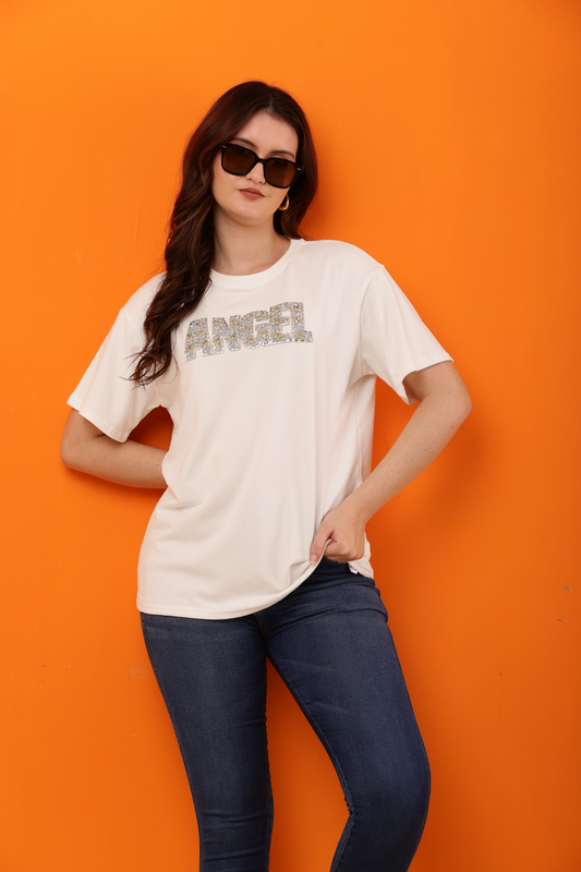 Korean Fashion White "ANGEL" Sequin Embellished T-Shirt for Women