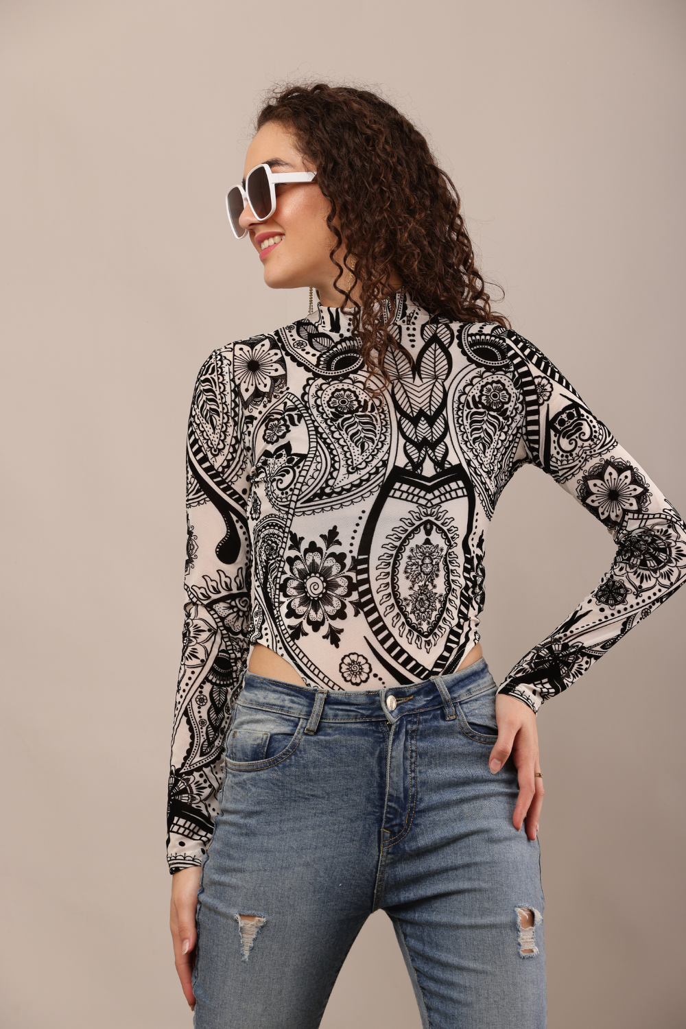 Korean Fashion Sheer Lace Long Sleeve Bodysuit for Women