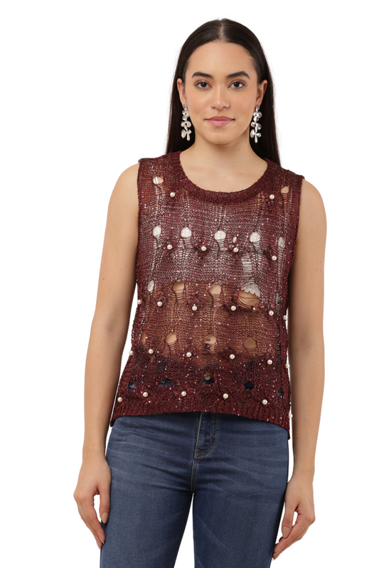 Sequin Embellished Open-Knit Mesh Top Free Size with Crisscross Back Tie