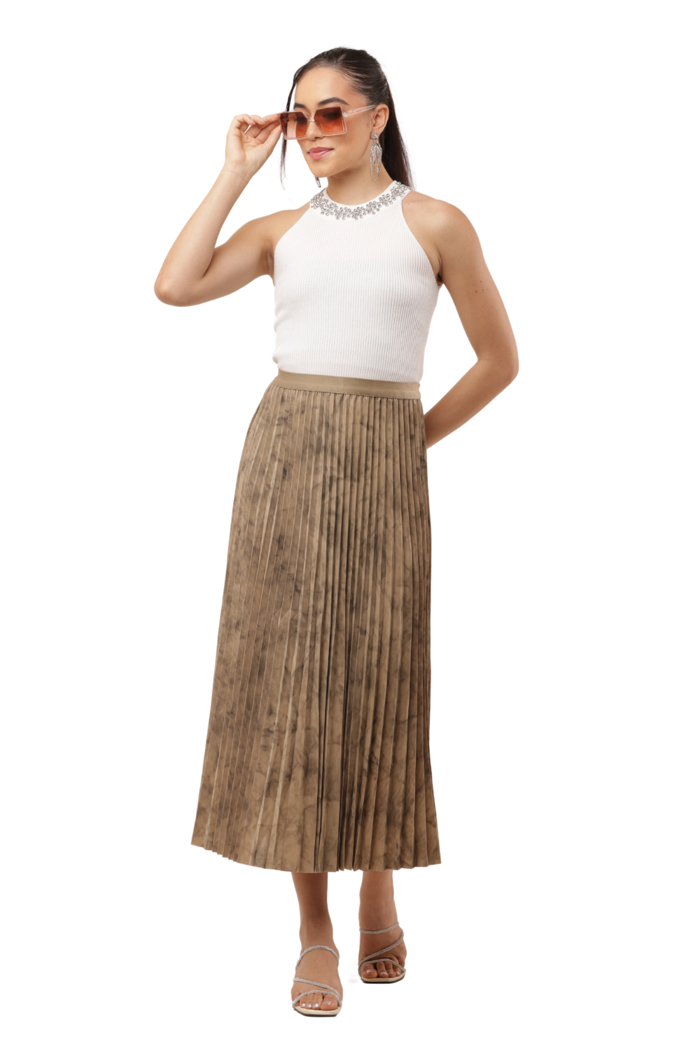 Korean Style Pleated Midi Skirt Free Size for Women – Elegant Tie-Dye Look