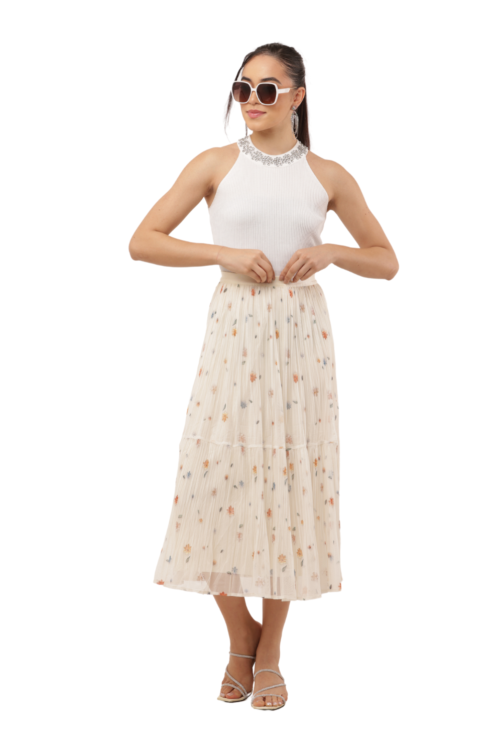 Floral Pleated Mesh Midi Skirt – High Waist, Lined, Lightweight | Korean Long Skirt