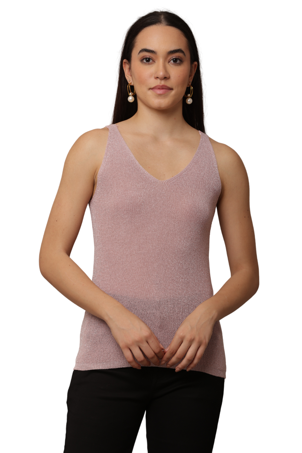 ✨ Shimmer Knit Sleeveless Top – V-Neck Style