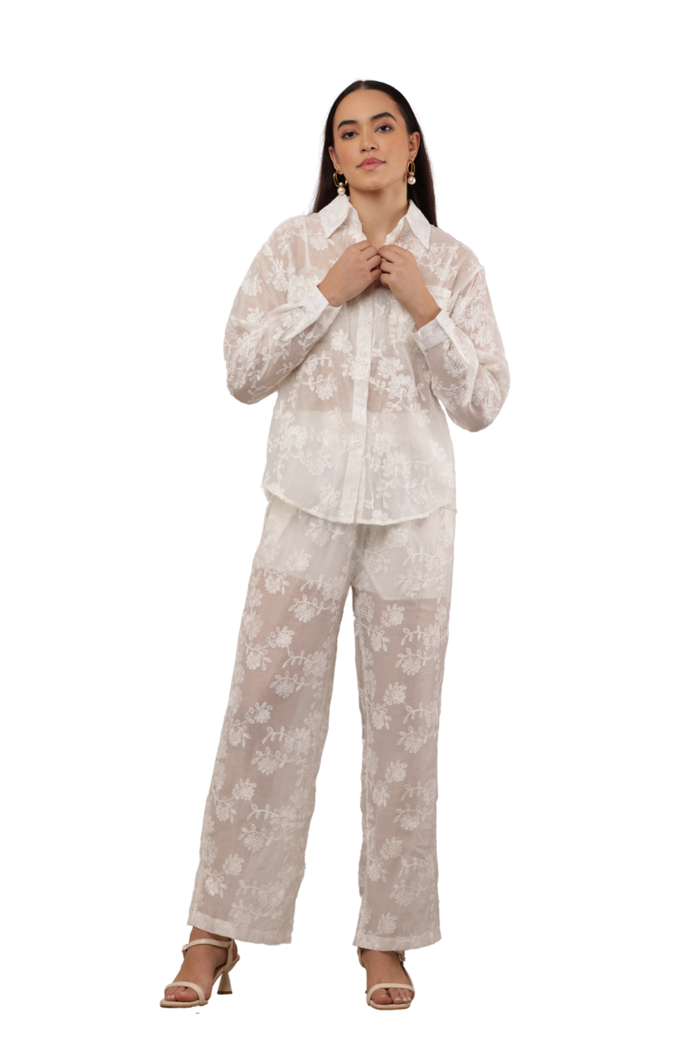 Sheer Embroidered Co-ord Shirt & Trouser Set