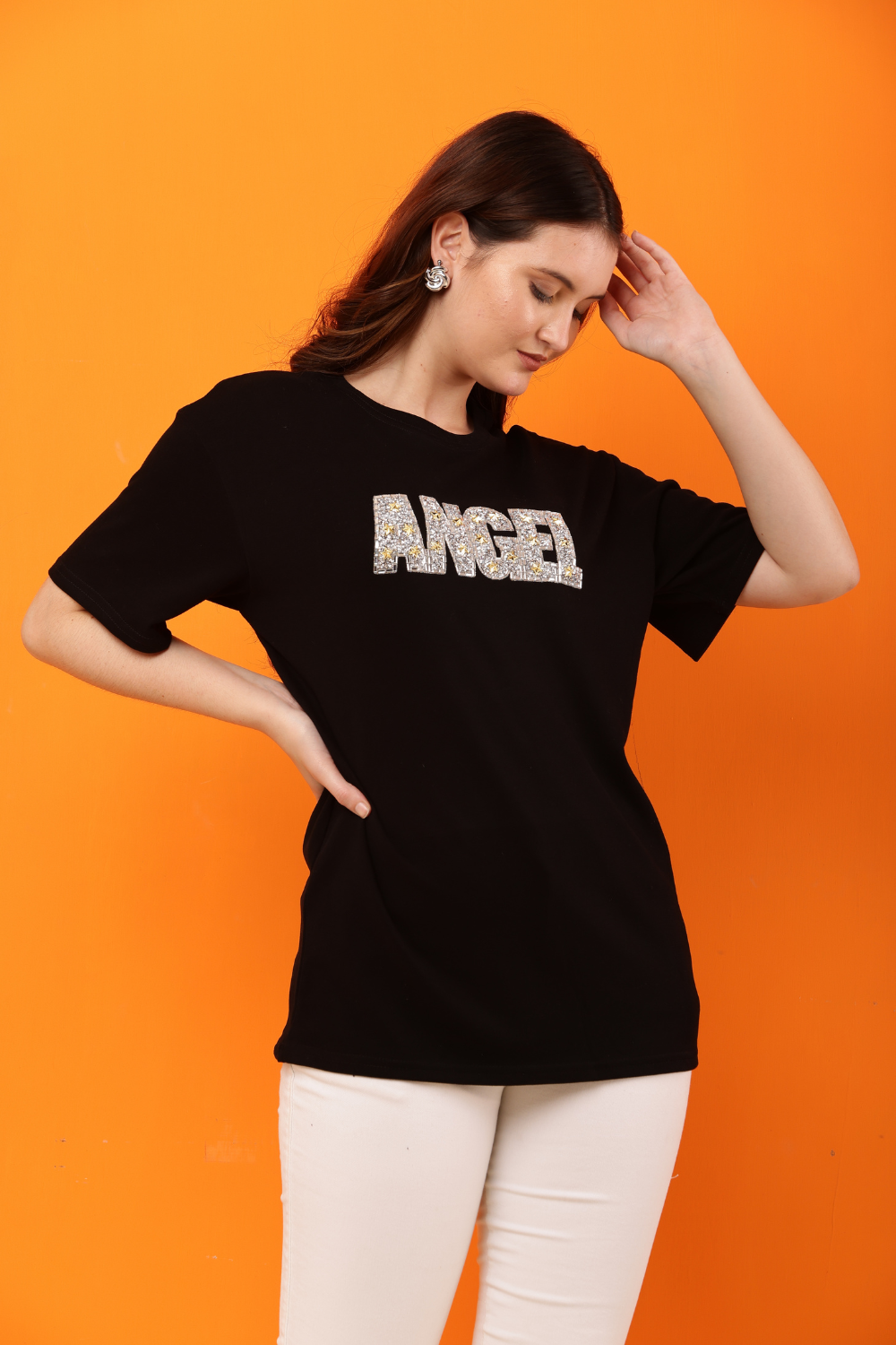 Korean Fashion White "ANGEL" Sequin Embellished T-Shirt for Women
