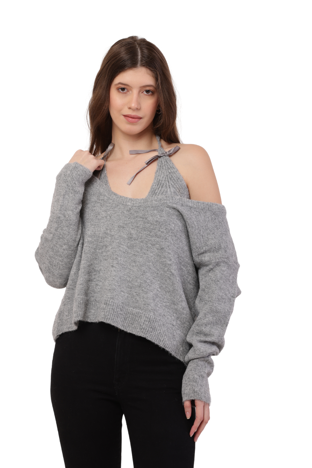 Korean Style Off-Shoulder Knit Sweater with Ribbon Tie Detail