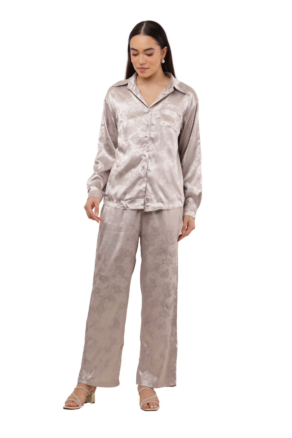 Elegant Satin Paisley Shirt and Trouser Co-ord Set