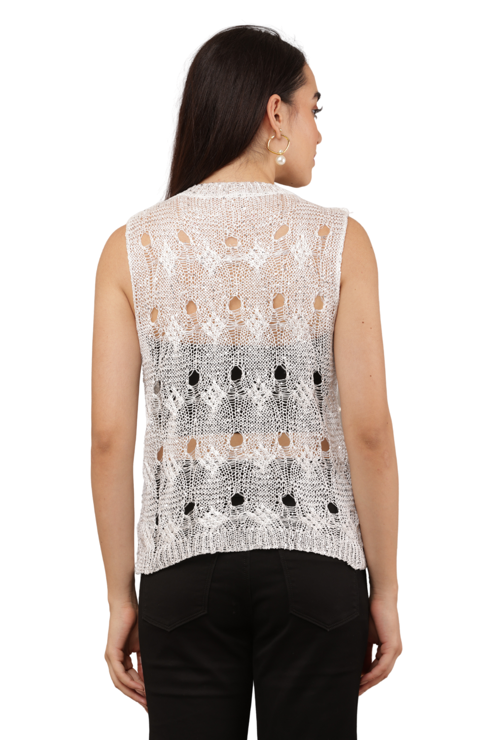 Sequin Embellished Open-Knit Mesh Top Free Size with Crisscross Back Tie