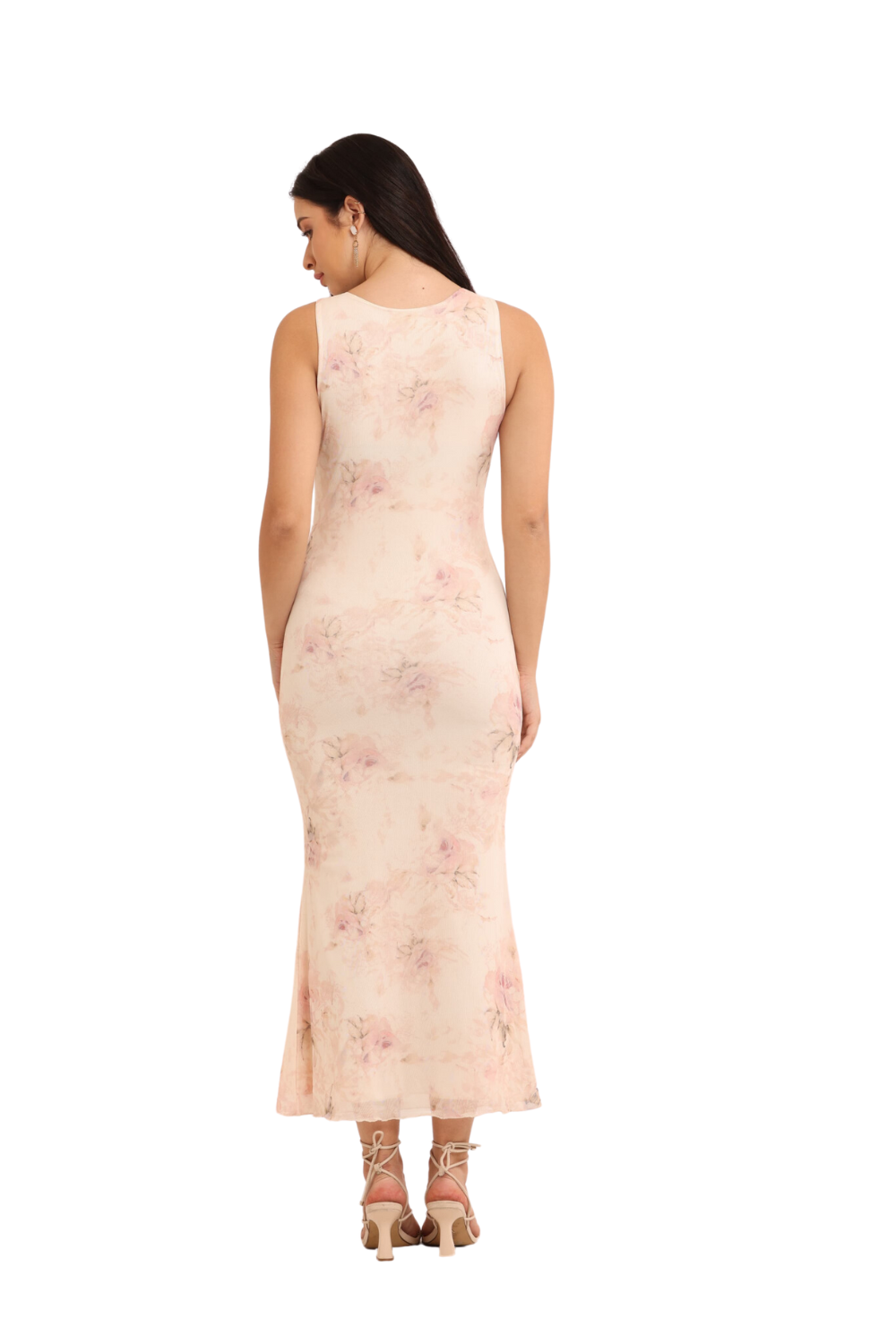 Elegant Korean Floral Sleeveless Midi Dress – Soft Pastel Pink