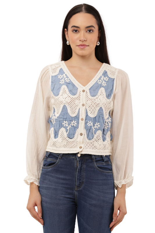 Embroidered Crochet Panel Free Size Korean Style Button-Down Top