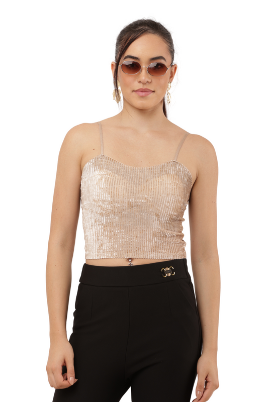 Women's Korean Velvet Spaghetti Crop Top with Sequin Detailing