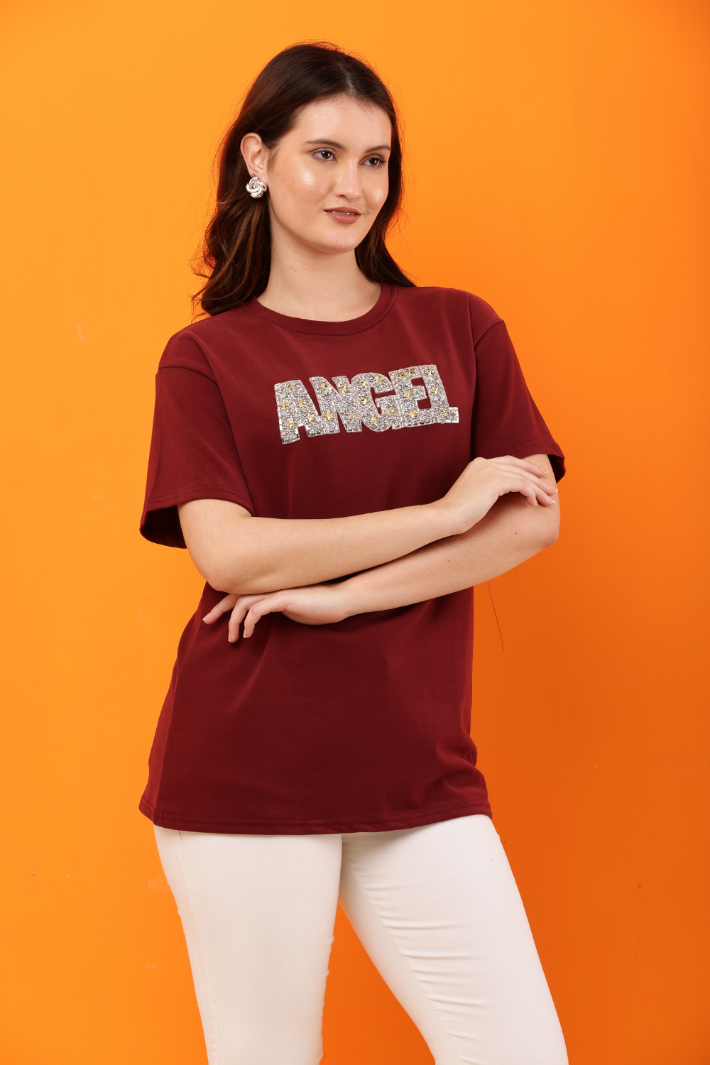 Korean Fashion White "ANGEL" Sequin Embellished T-Shirt for Women