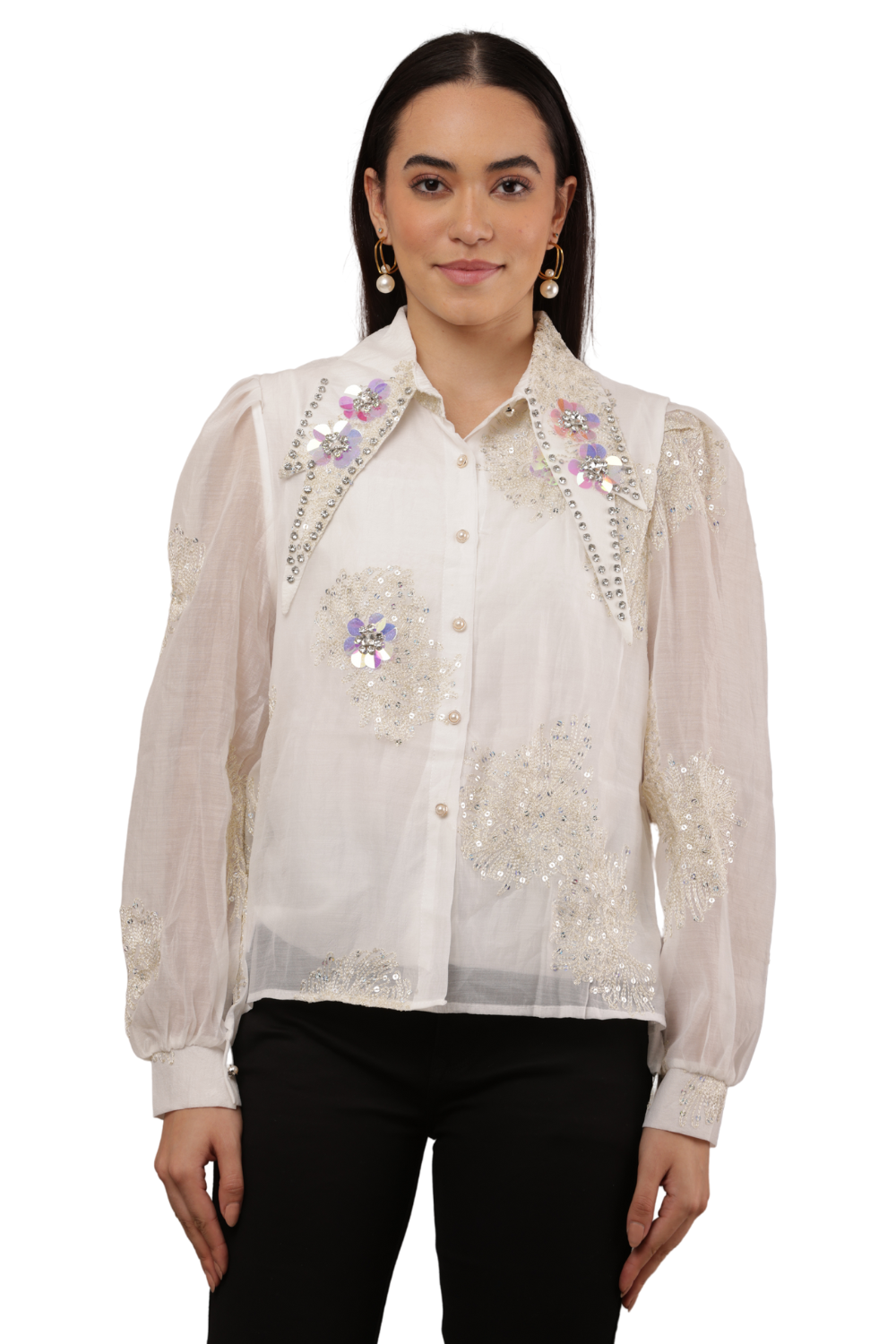 Embroidered Sheer Shirt with Floral Sequins Free Size – Korean Fashion
