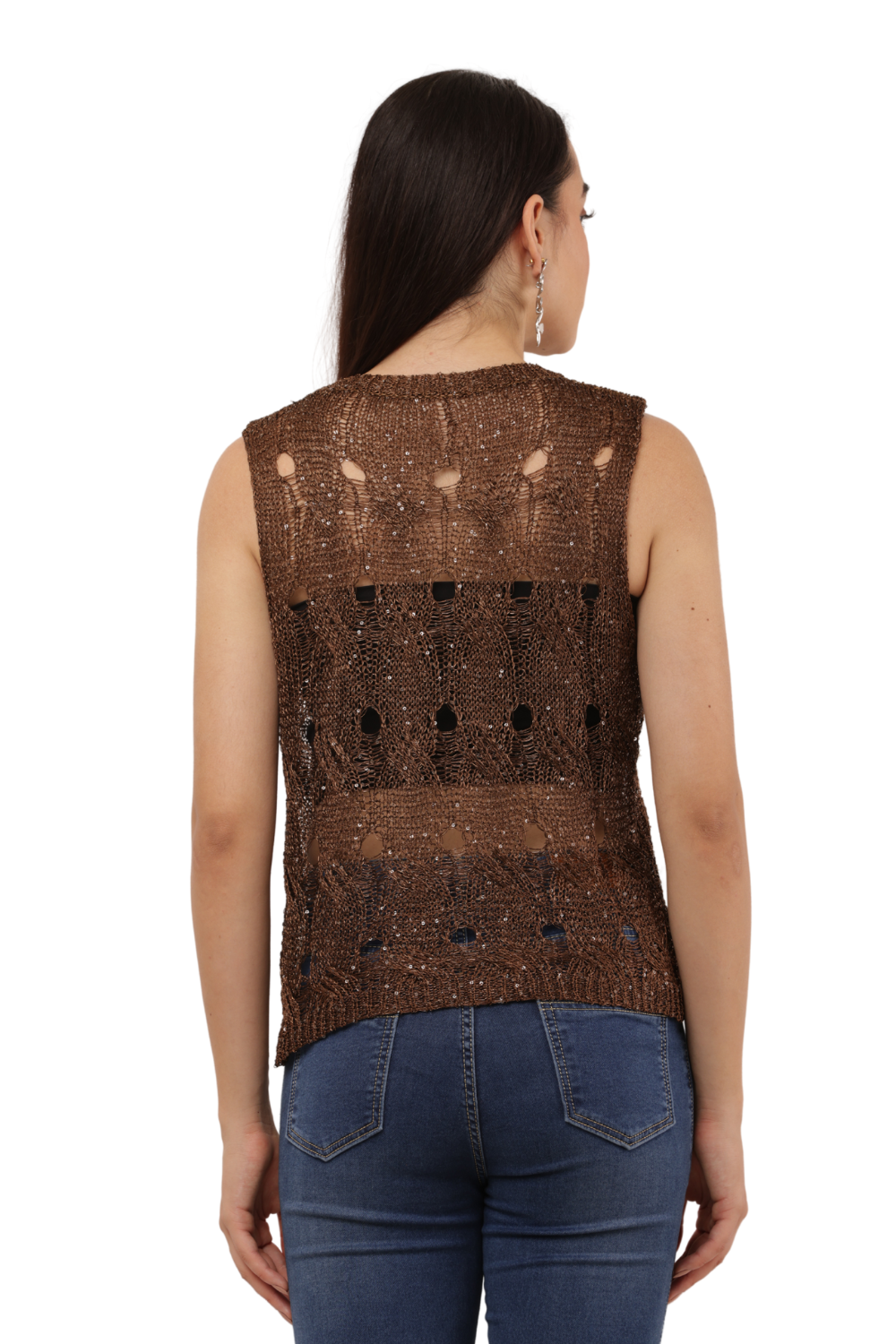 Sequin Embellished Open-Knit Mesh Top Free Size with Crisscross Back Tie