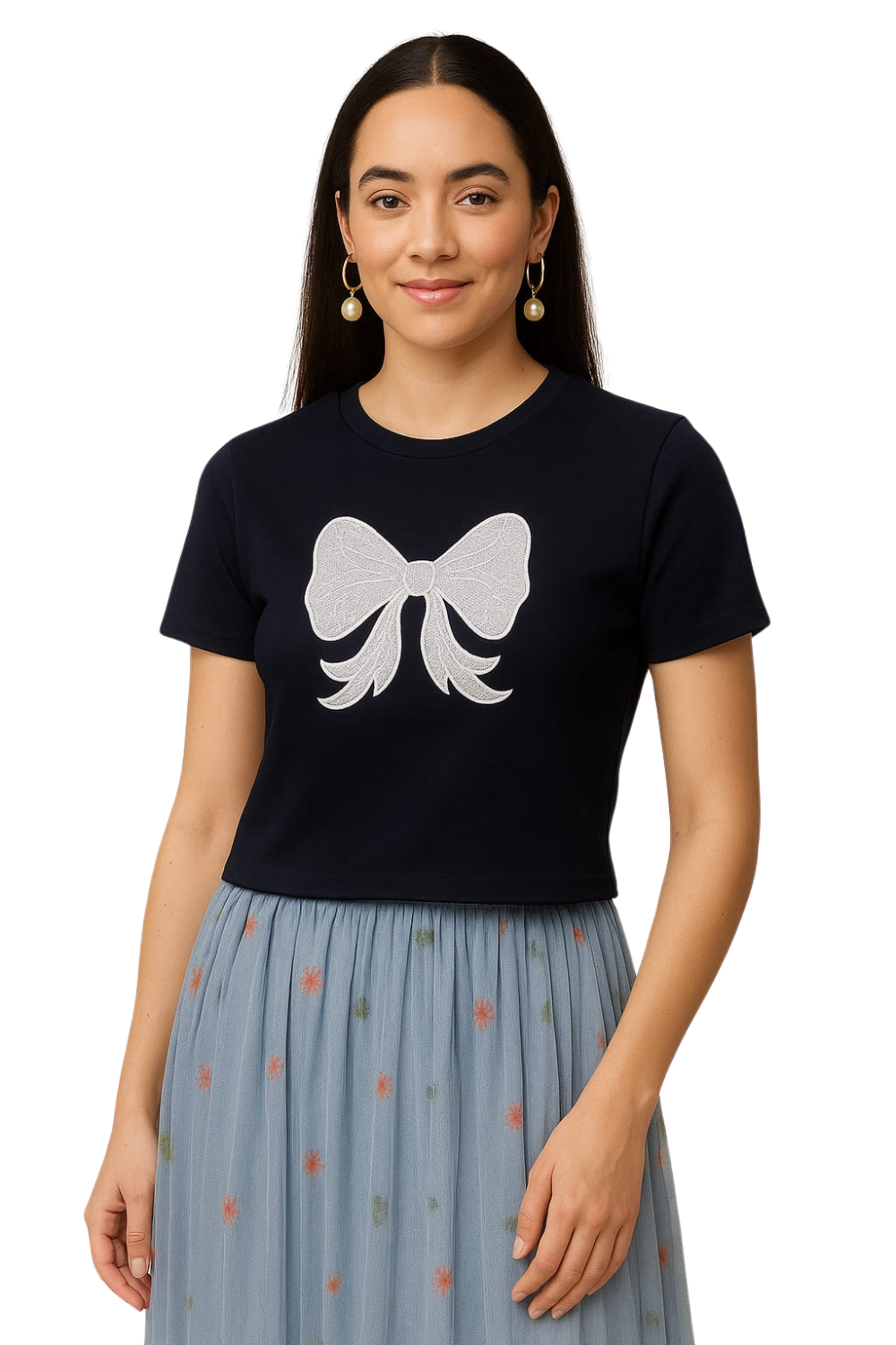 Bow Embroidered Crop Top Free Size – Korean T-Shirts for Women  | Korean Fashion Tee