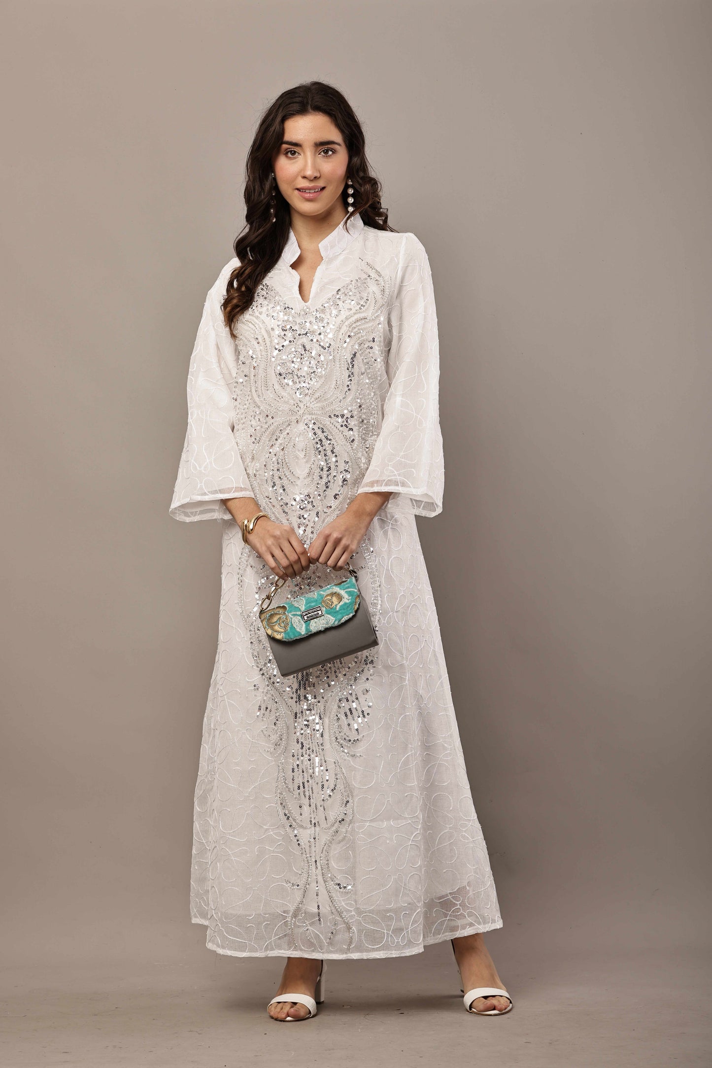 White Sequin Embroidered Eid Dress for Women | Luxury Ramadan Maxi Outfit
