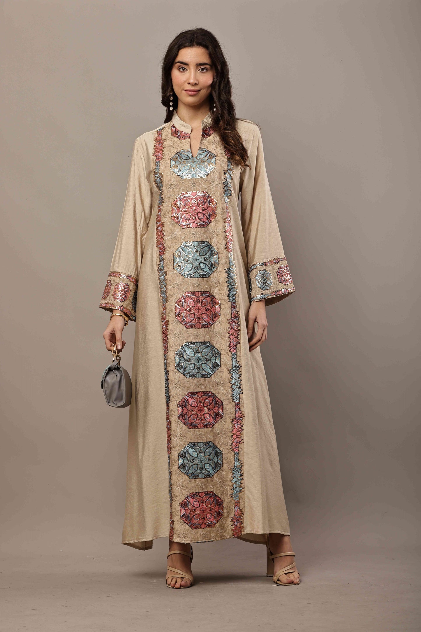 Beige Multi-Color Embroidered Panel Maxi Kurta – Festive & Eid Wear