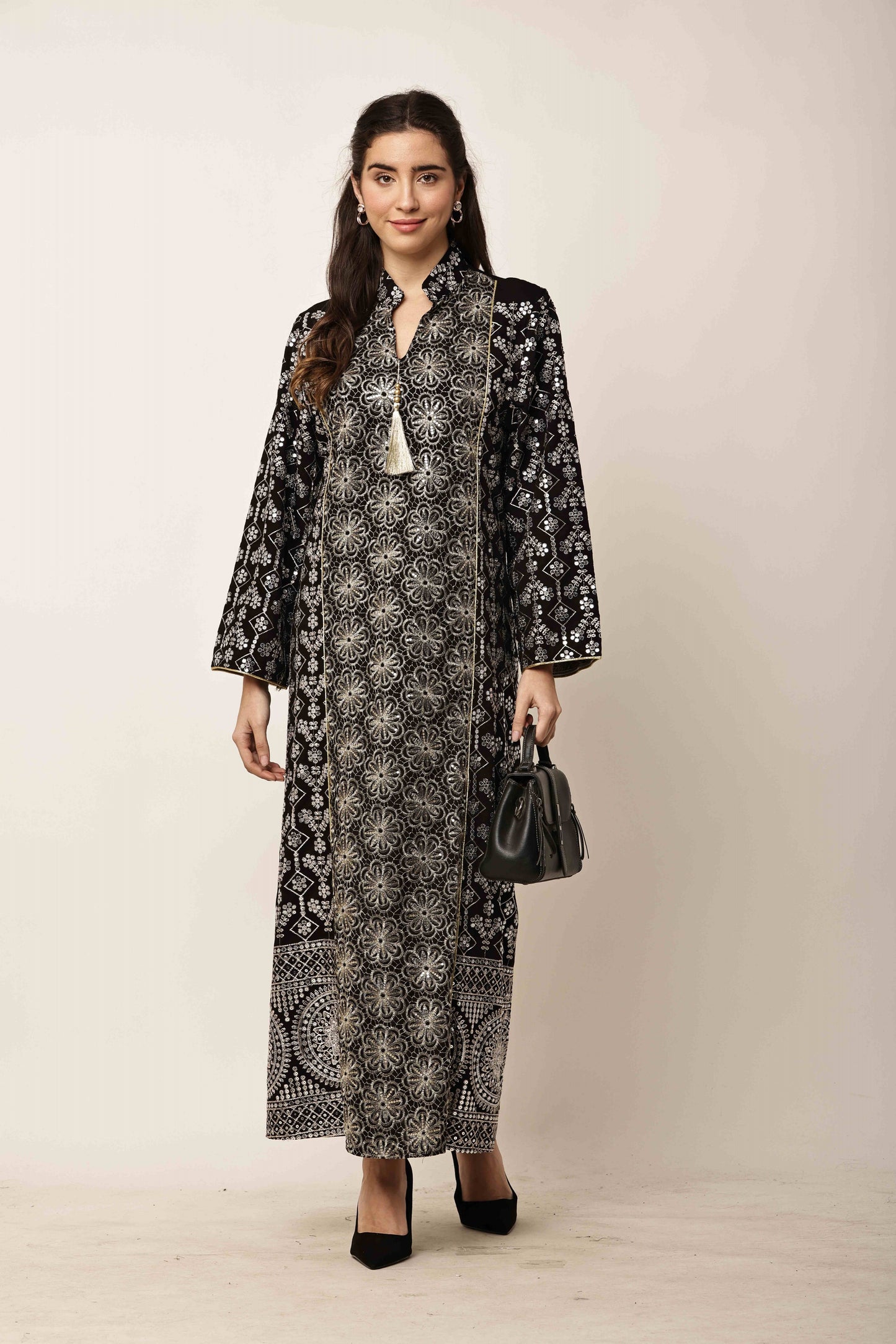 Midnight Black Embroidered Eid Festive Long Kurta for Women