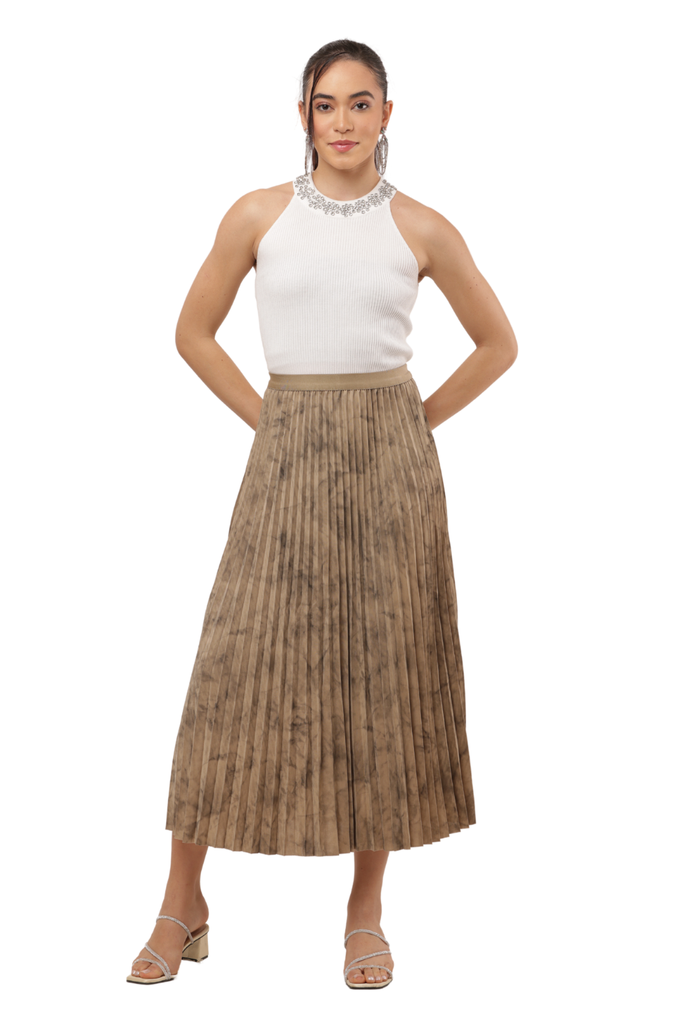 Korean Style Pleated Midi Skirt Free Size for Women – Elegant Tie-Dye Look