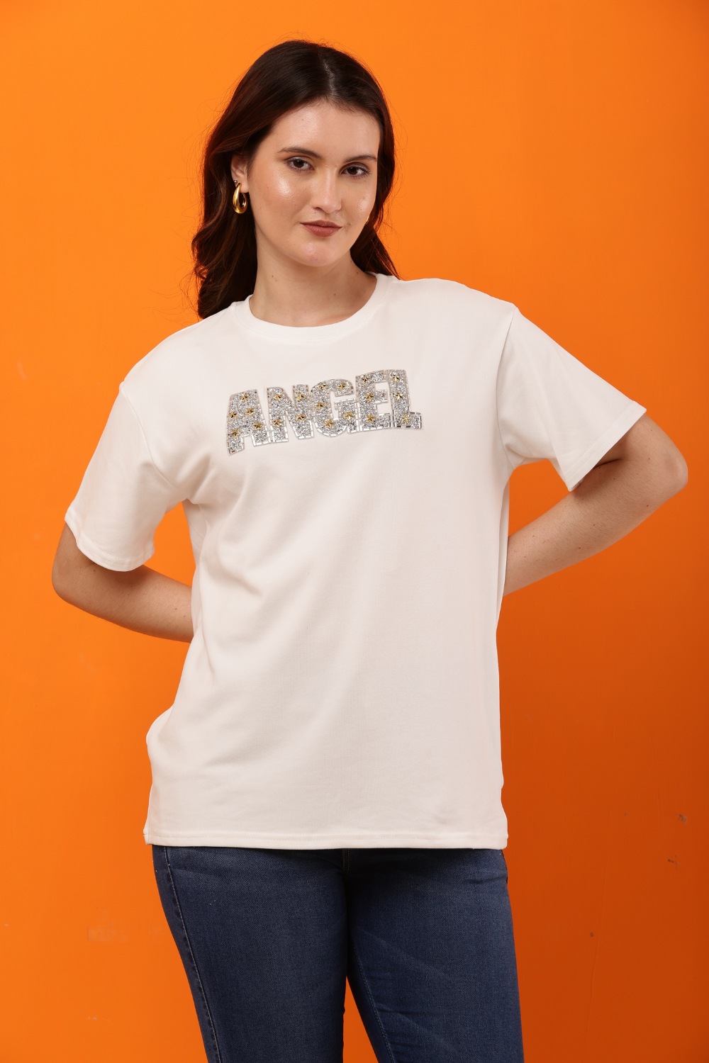Korean Fashion White "ANGEL" Sequin Embellished T-Shirt for Women