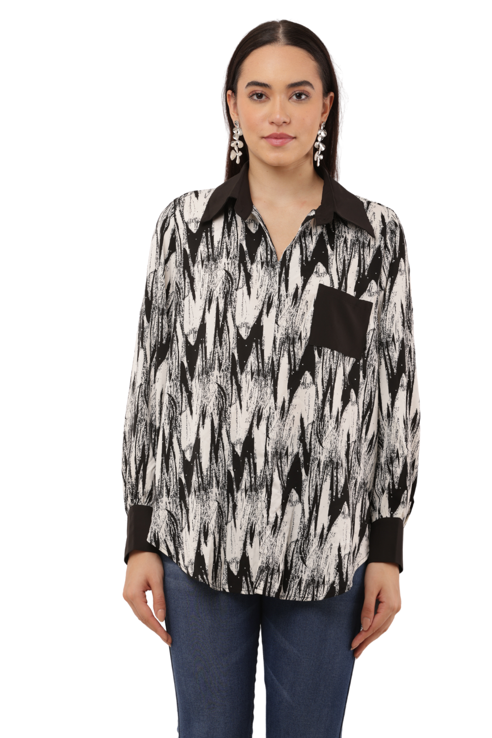 Oversized Abstract Print Button-Down Free Size Shirt with Contrast Detailing