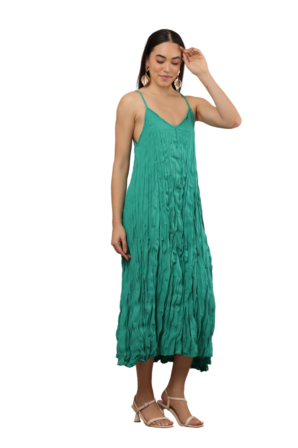 Korean Fashion Crinkled Spaghetti Strap Midi Dress Free Size – Teal | Korean Clothes