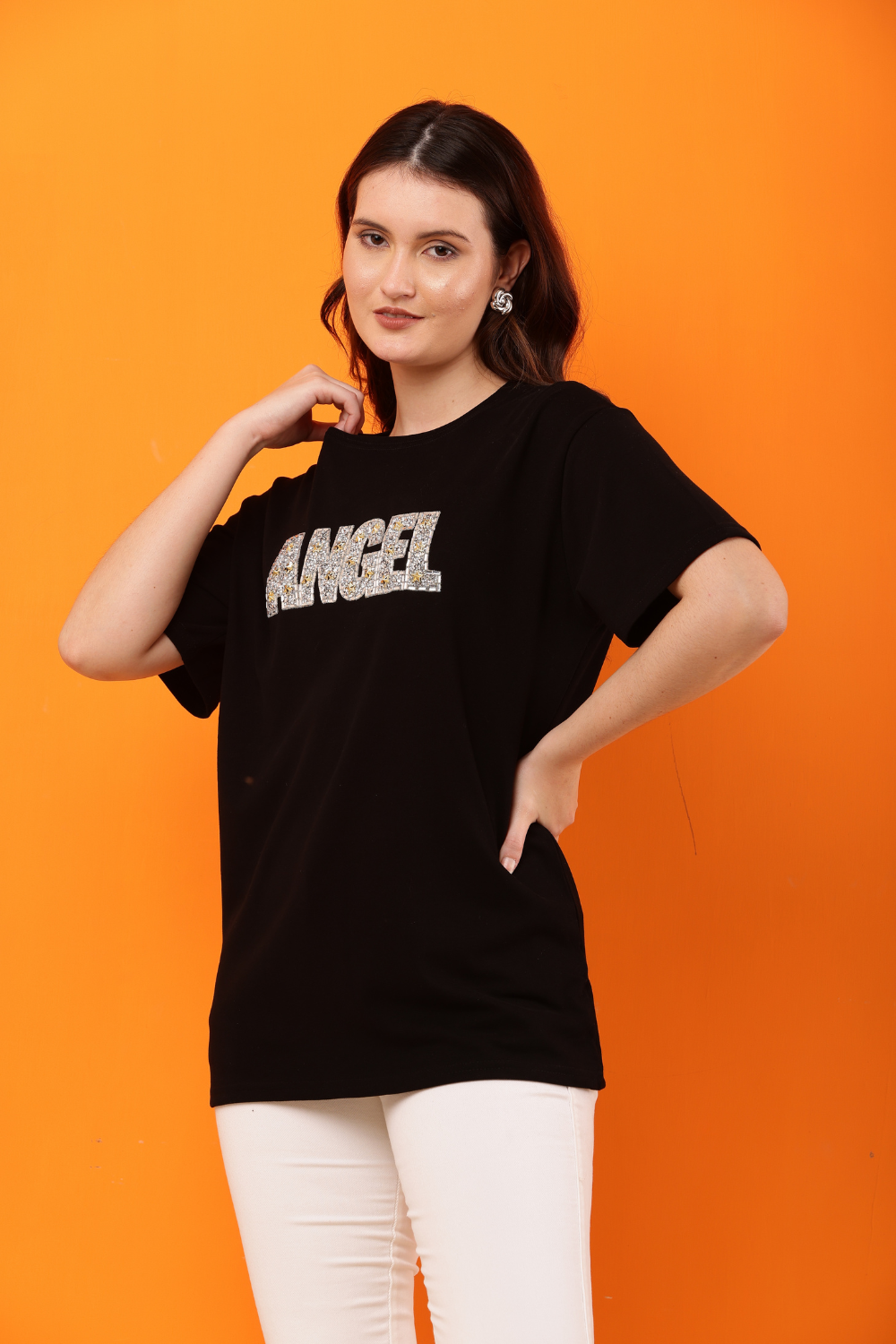 Korean Fashion White "ANGEL" Sequin Embellished T-Shirt for Women