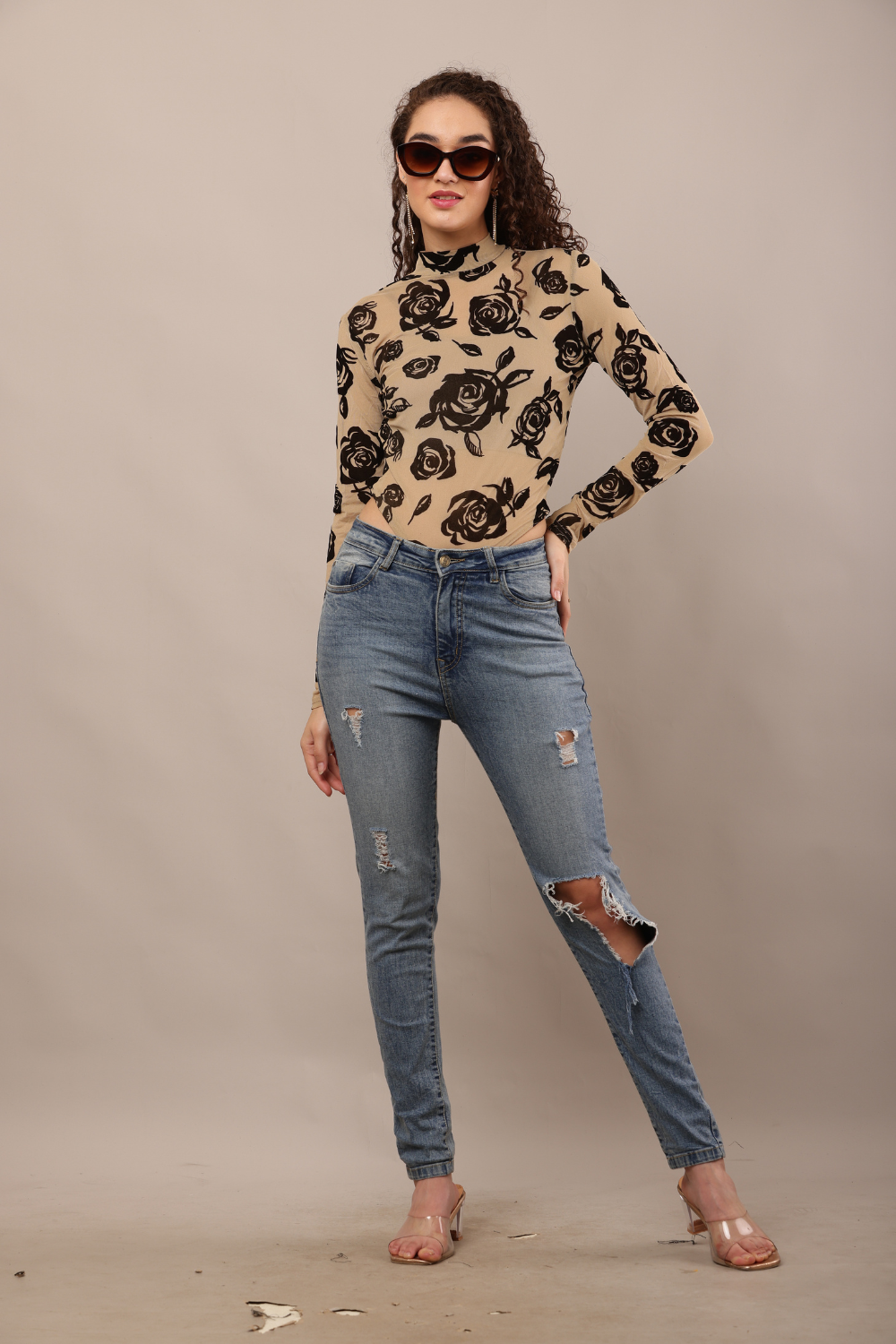 Korean Fashion Sheer Lace Long Sleeve Bodysuit for Women