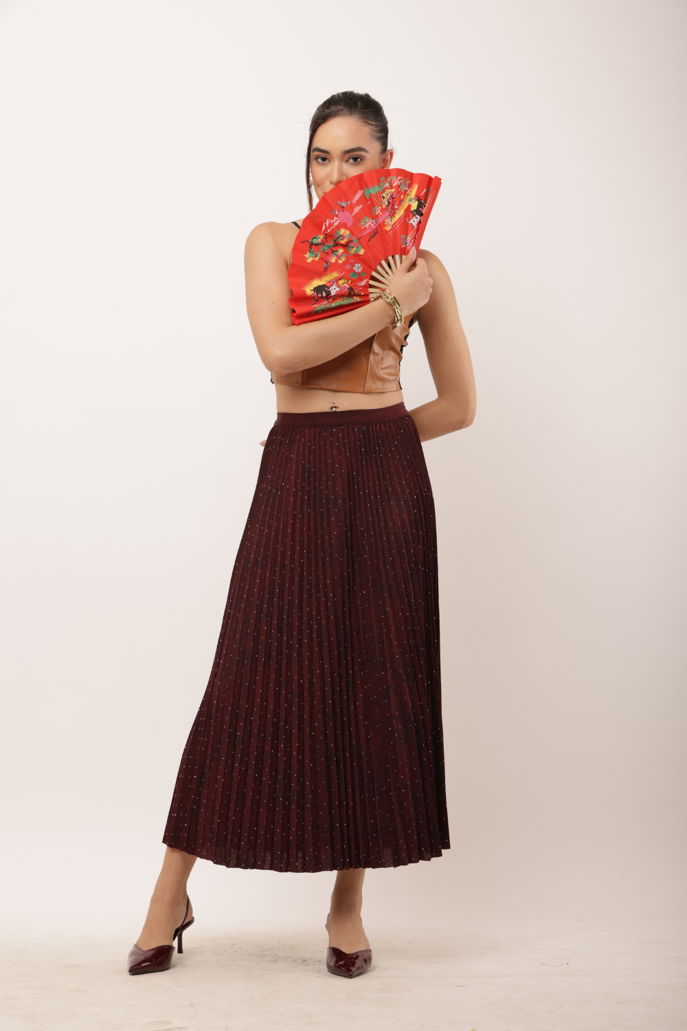 Pleated Midi Skirt with Glitter Detailing – Korean Fashion Style