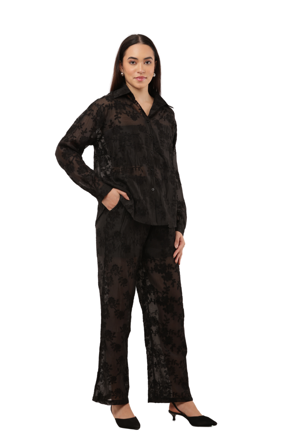 Sheer Embroidered Co-ord Shirt & Trouser Set