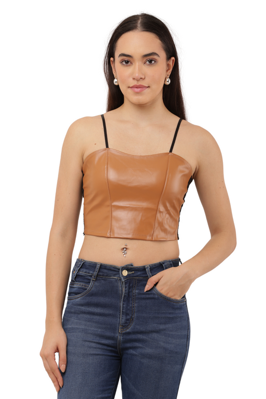 Women's Dual Style Crop Top Set Free Size - Lace & Faux Leather | Korean Fashion