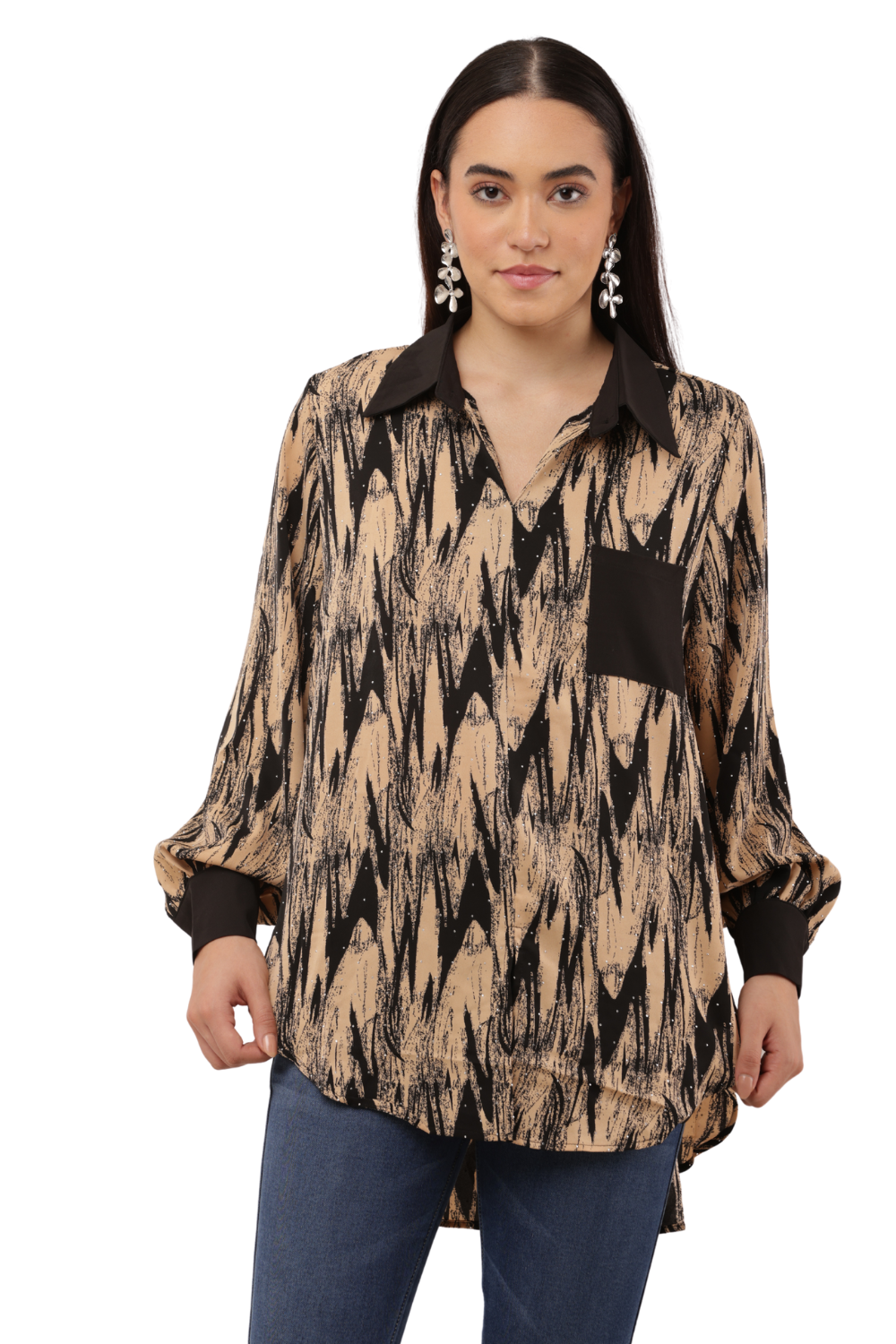 Oversized Abstract Print Button-Down Free Size Shirt with Contrast Detailing