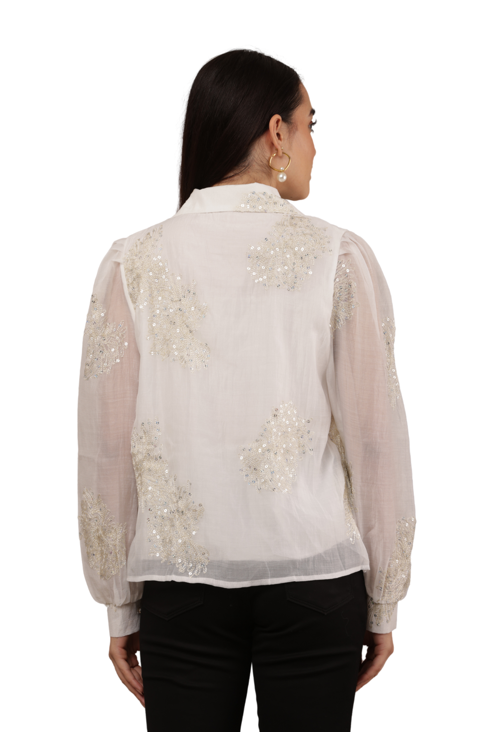 Embroidered Sheer Shirt with Floral Sequins Free Size – Korean Fashion