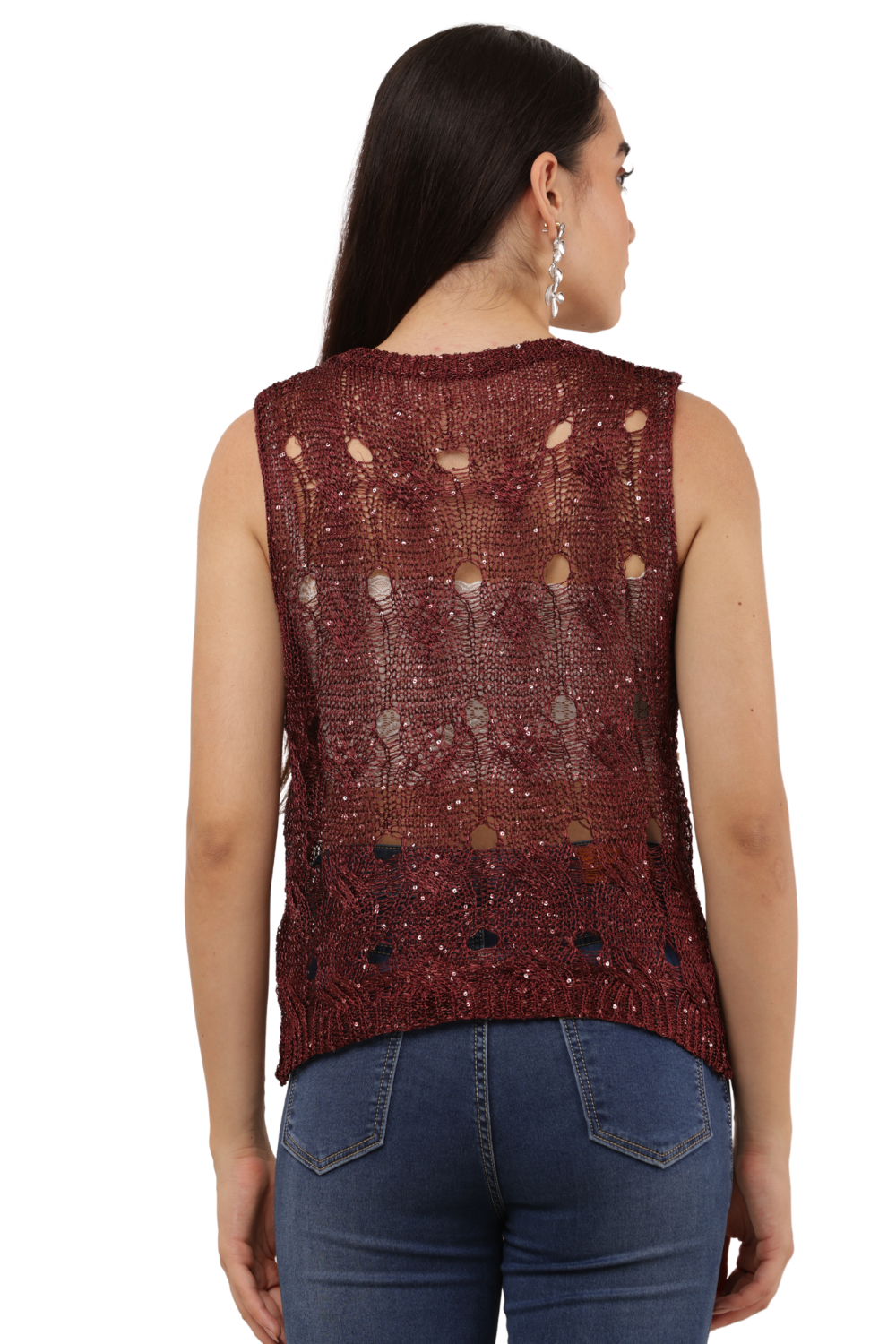 Sequin Embellished Open-Knit Mesh Top Free Size with Crisscross Back Tie
