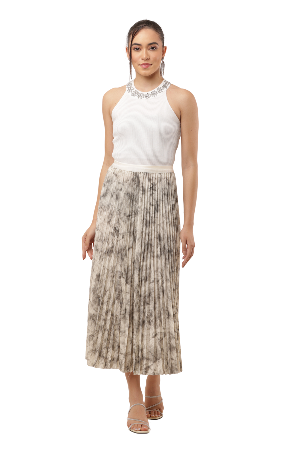 Elegant Pleated Midi Skirt with Tie-Dye Effect – Flowy & Chic