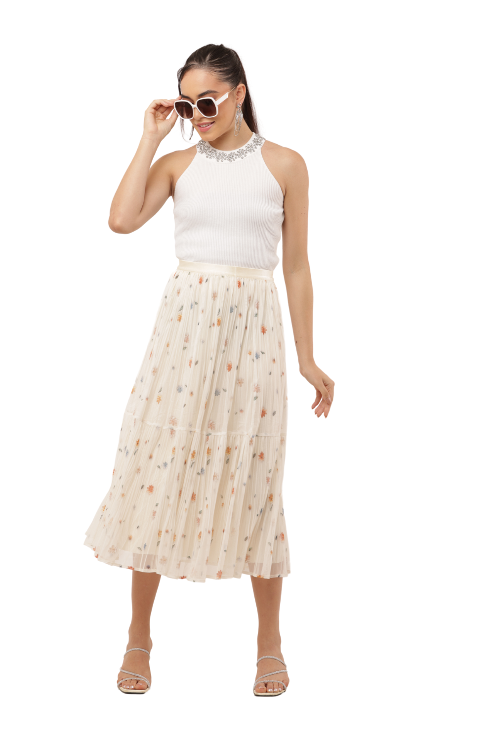 Floral Pleated Mesh Midi Skirt – High Waist, Lined, Lightweight | Korean Long Skirt