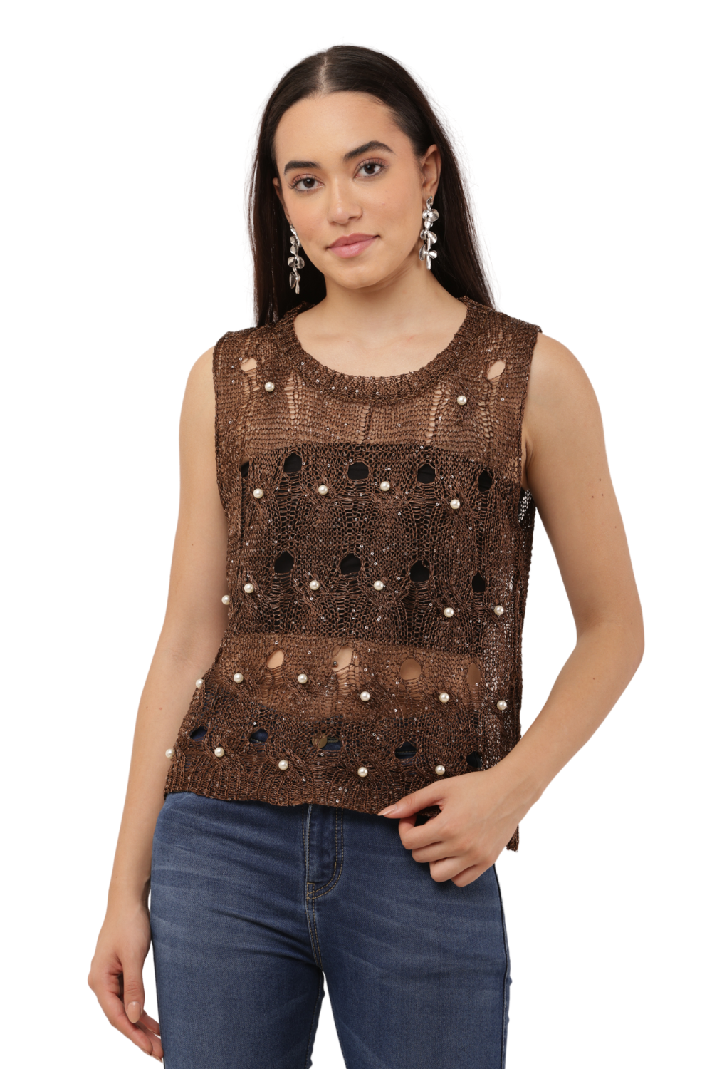 Sequin Embellished Open-Knit Mesh Top Free Size with Crisscross Back Tie