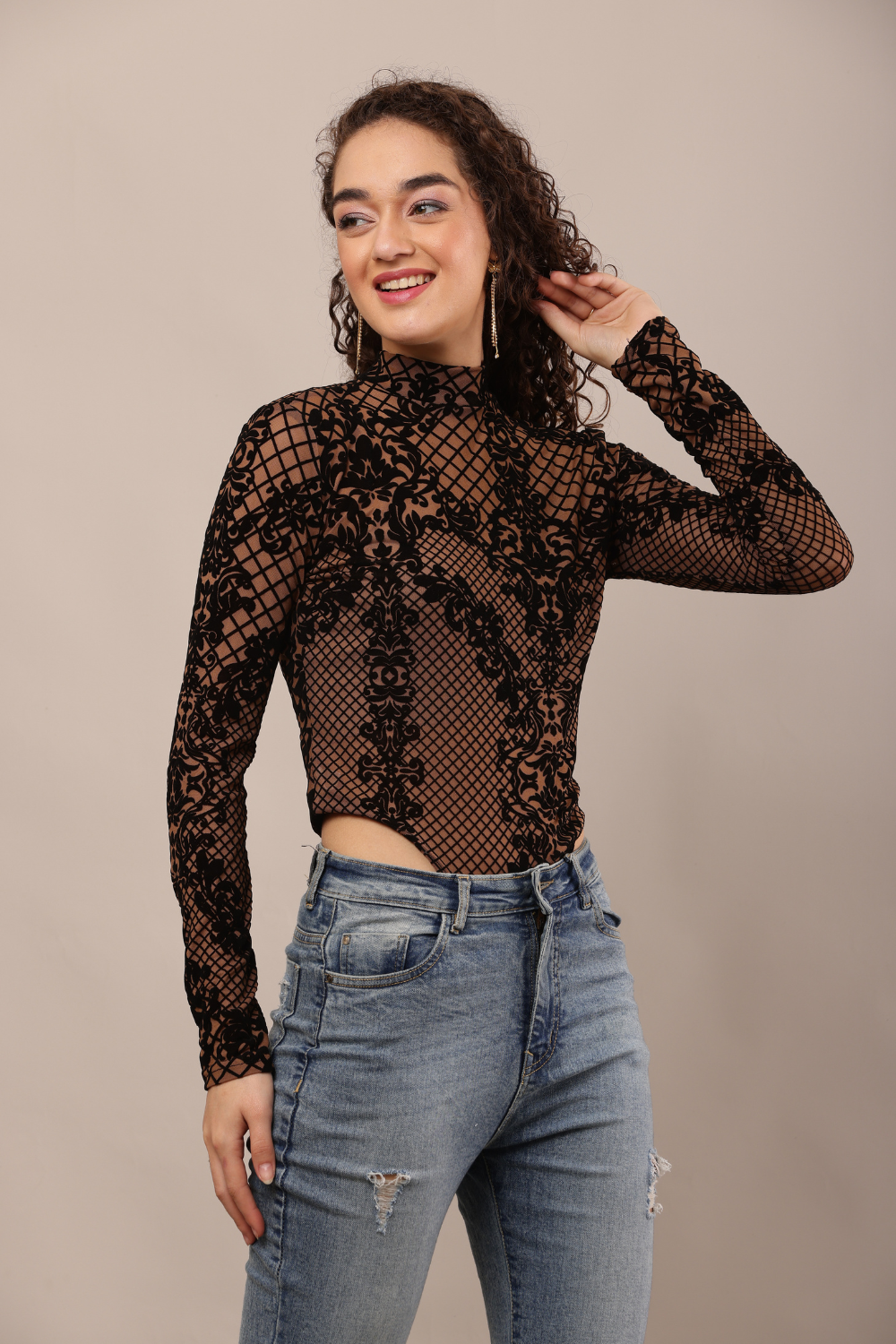 Korean Fashion Sheer Lace Long Sleeve Bodysuit for Women