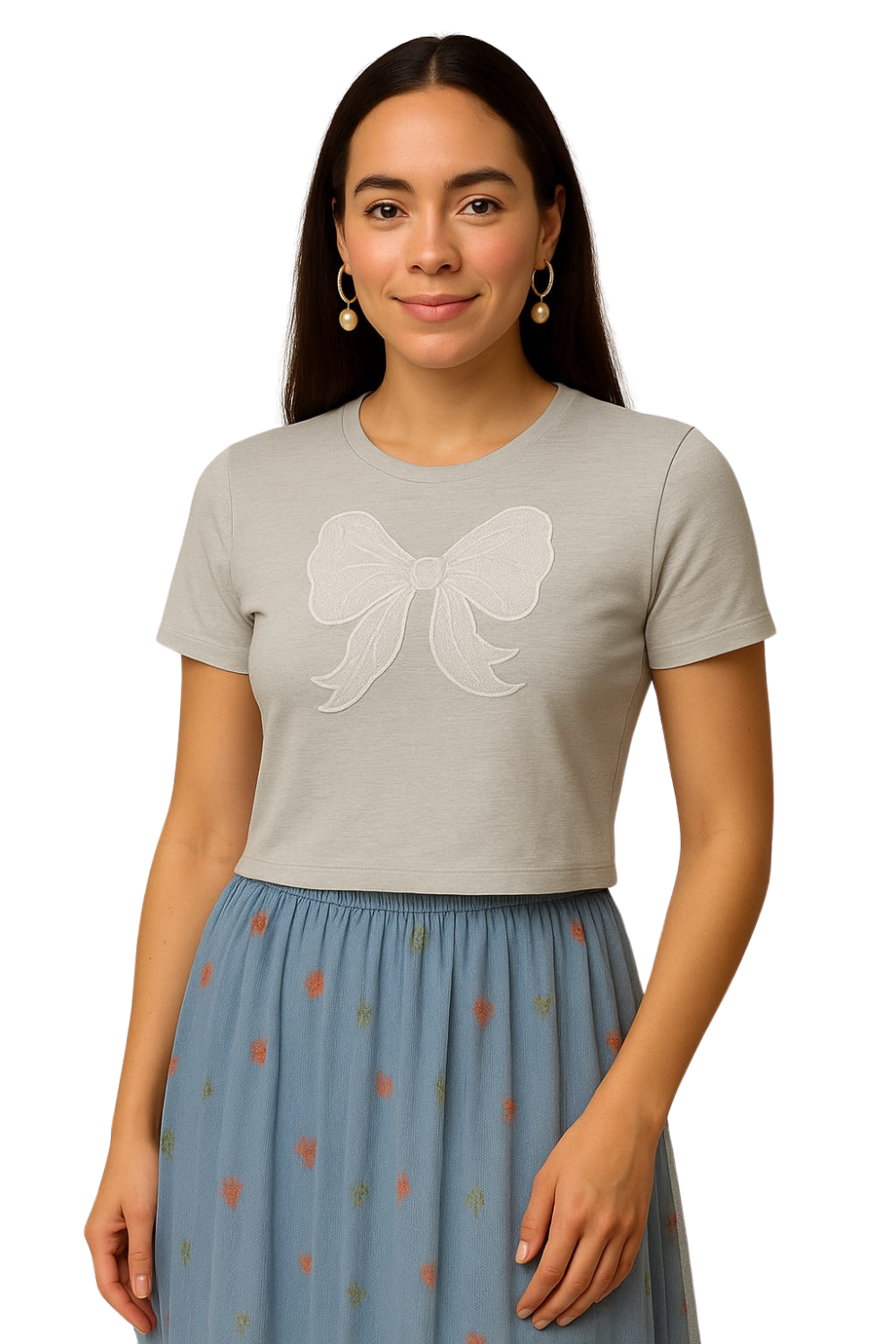 Bow Embroidered Crop Top Free Size – Korean T-Shirts for Women  | Korean Fashion Tee