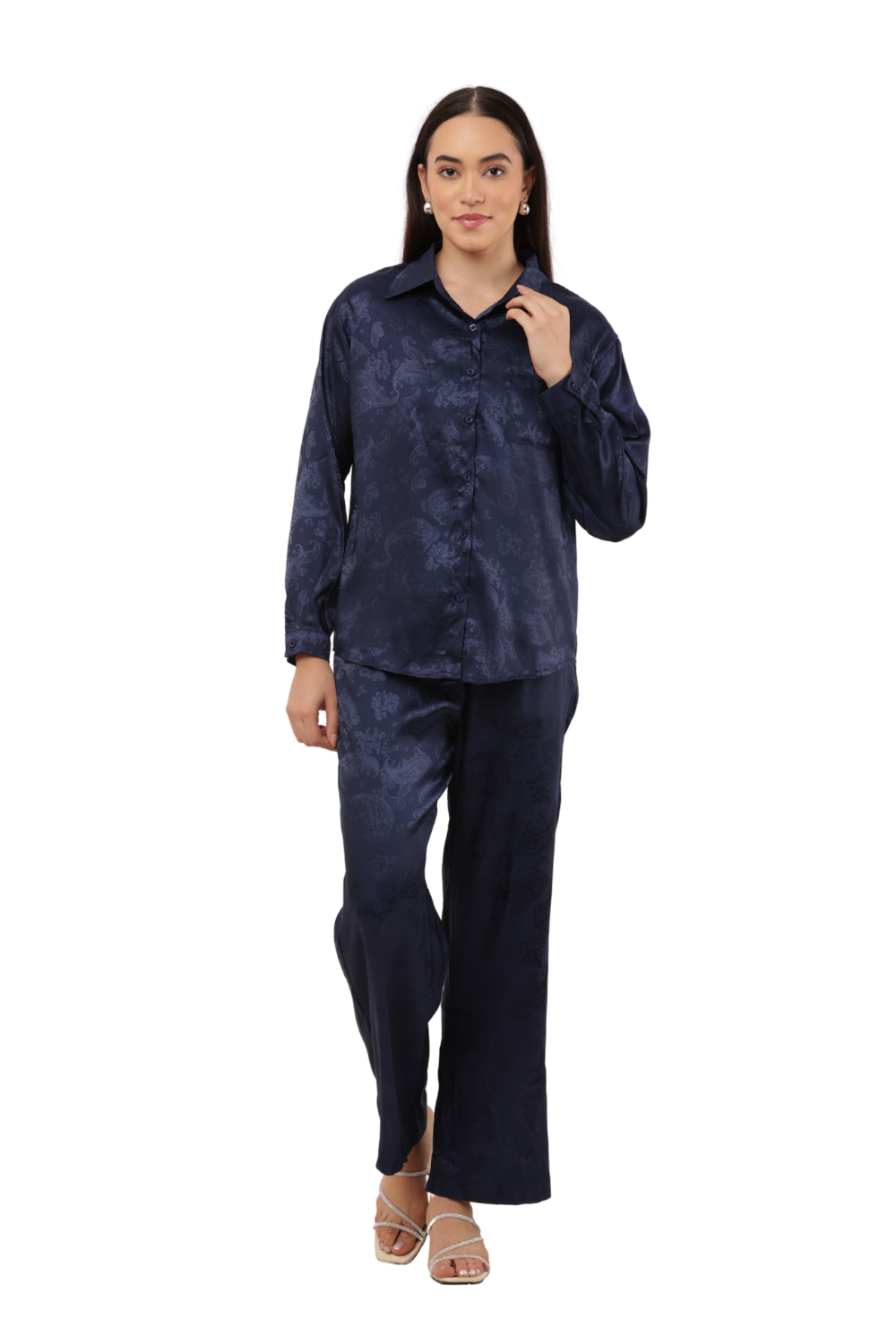 Elegant Satin Paisley Shirt and Trouser Co-ord Set