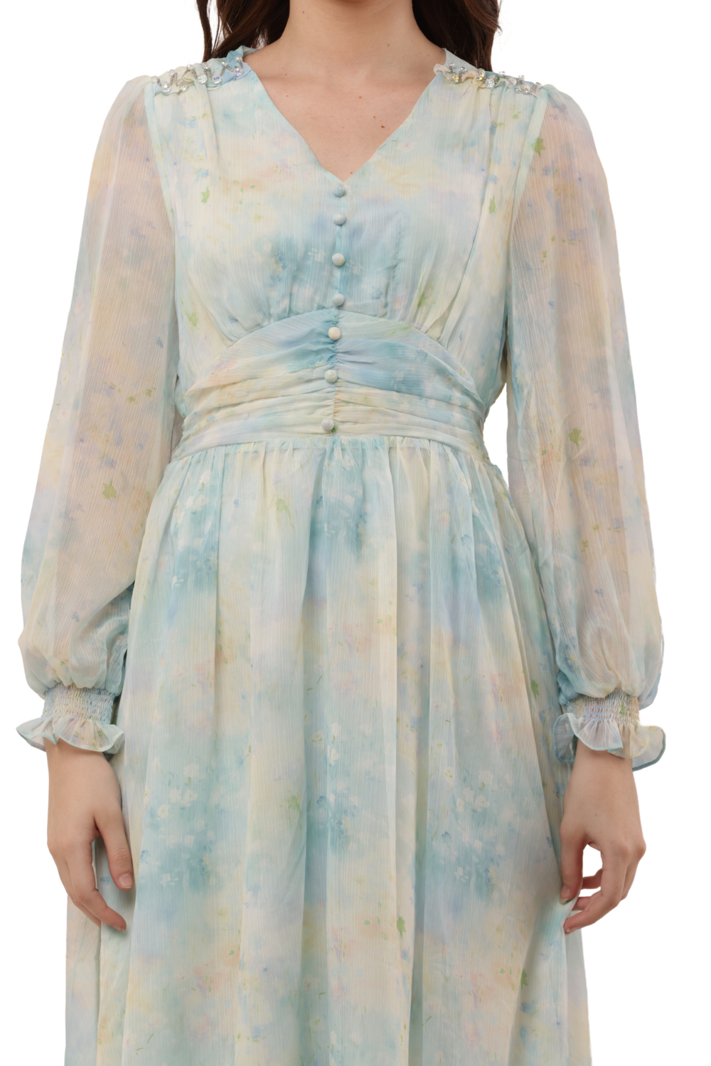 Elegant Floral Ruffle Midi Korean Dress – Sheer Organza | Korean Fashion Clothes