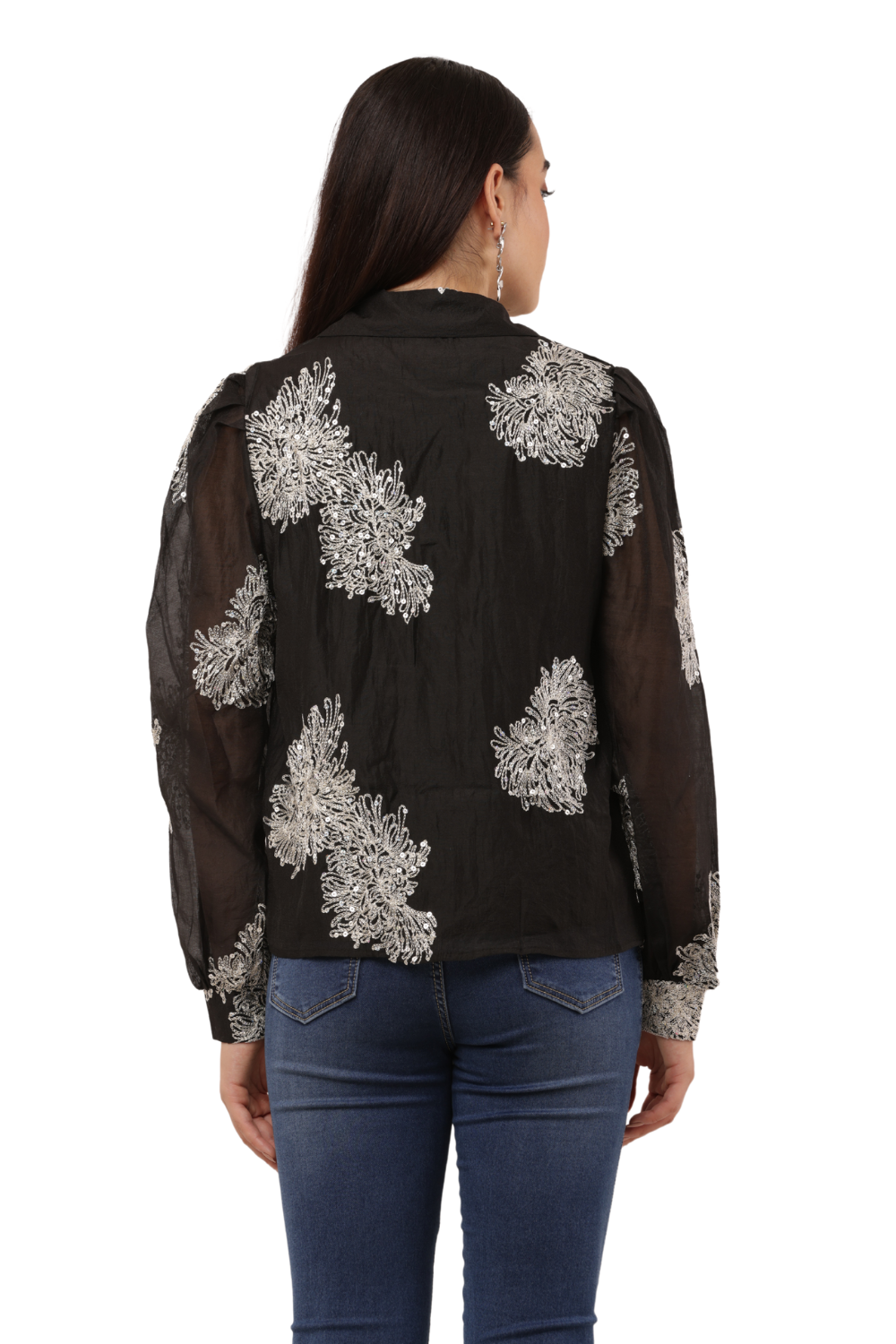 Embroidered Sheer Shirt with Floral Sequins Free Size – Korean Fashion