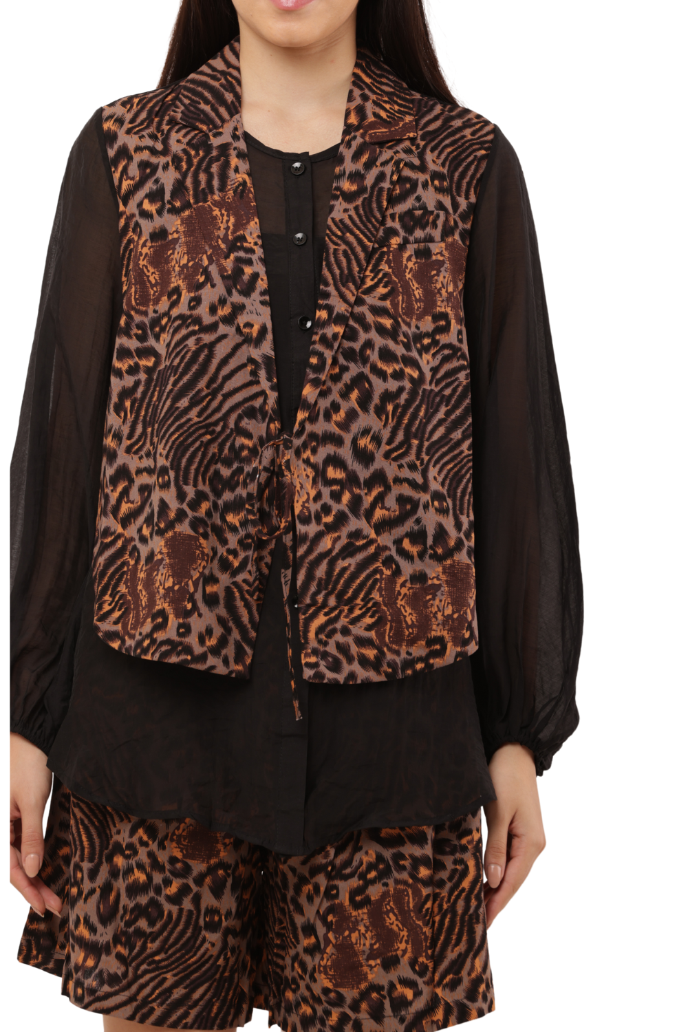 Leopard Print Vest & Shorts Set Free Size with Sheer Black Blouse – Korean Fashion Style