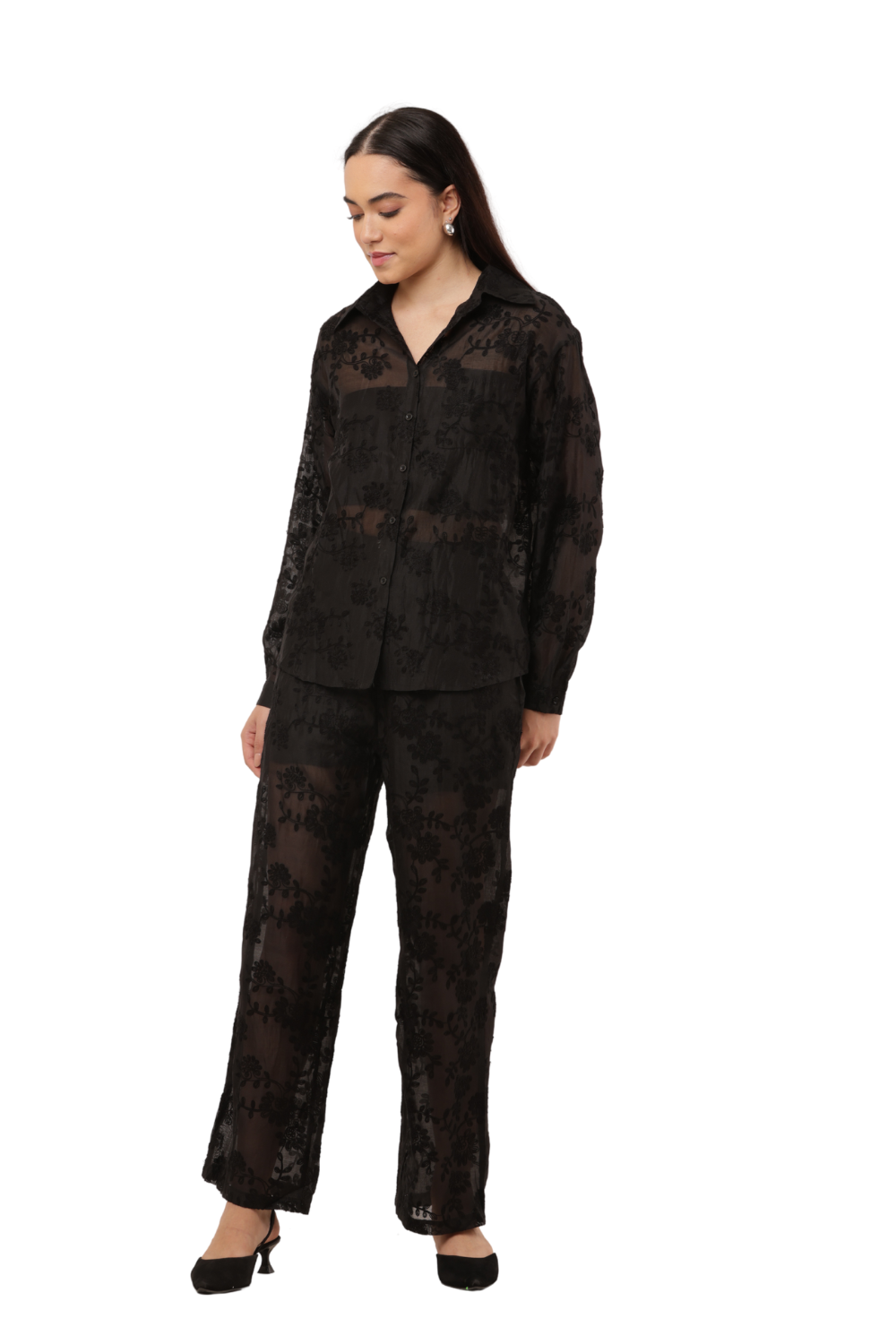 Sheer Embroidered Co-ord Shirt & Trouser Set